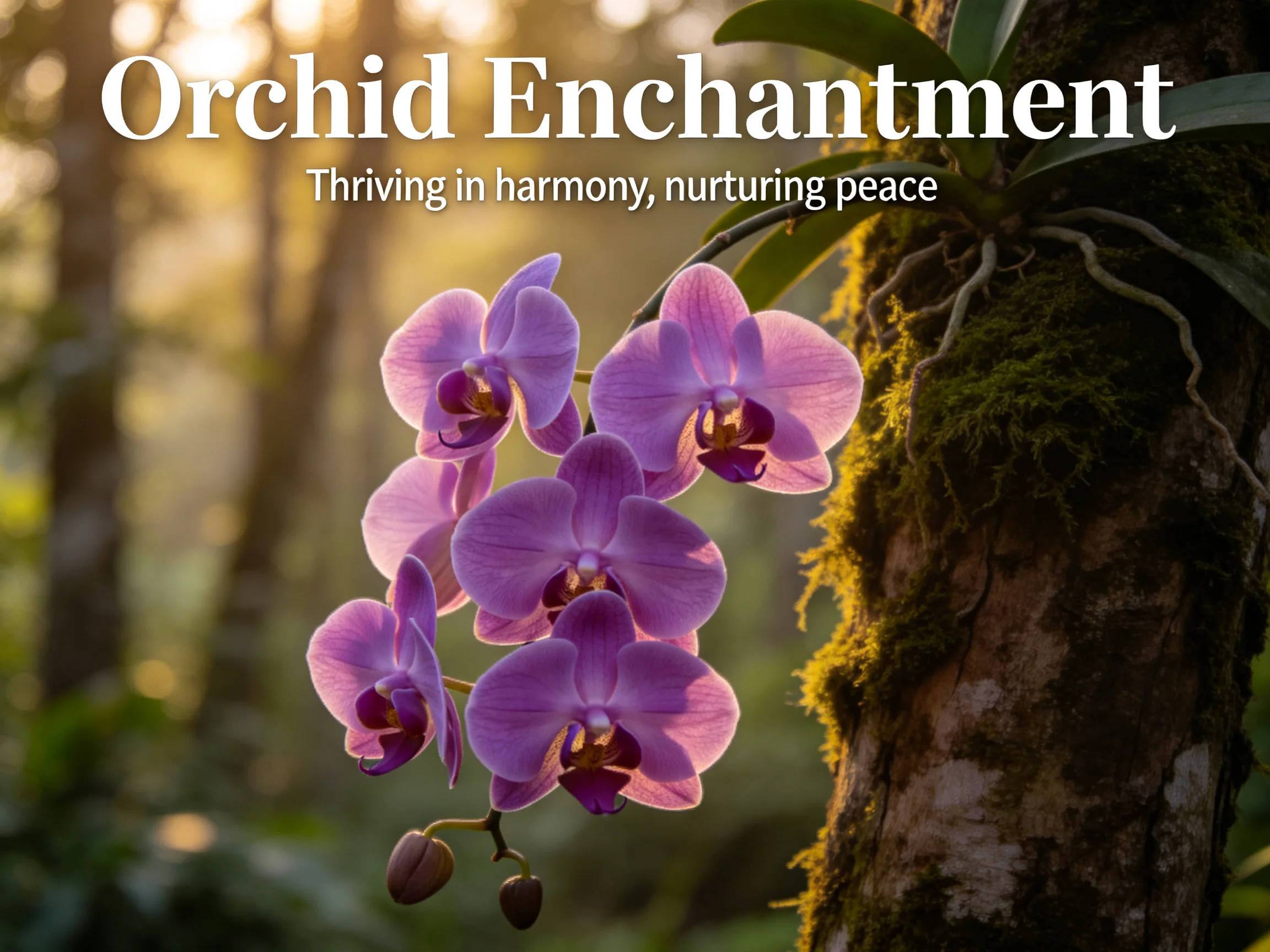 Vibrant purple orchids blooming on mossy tree trunk