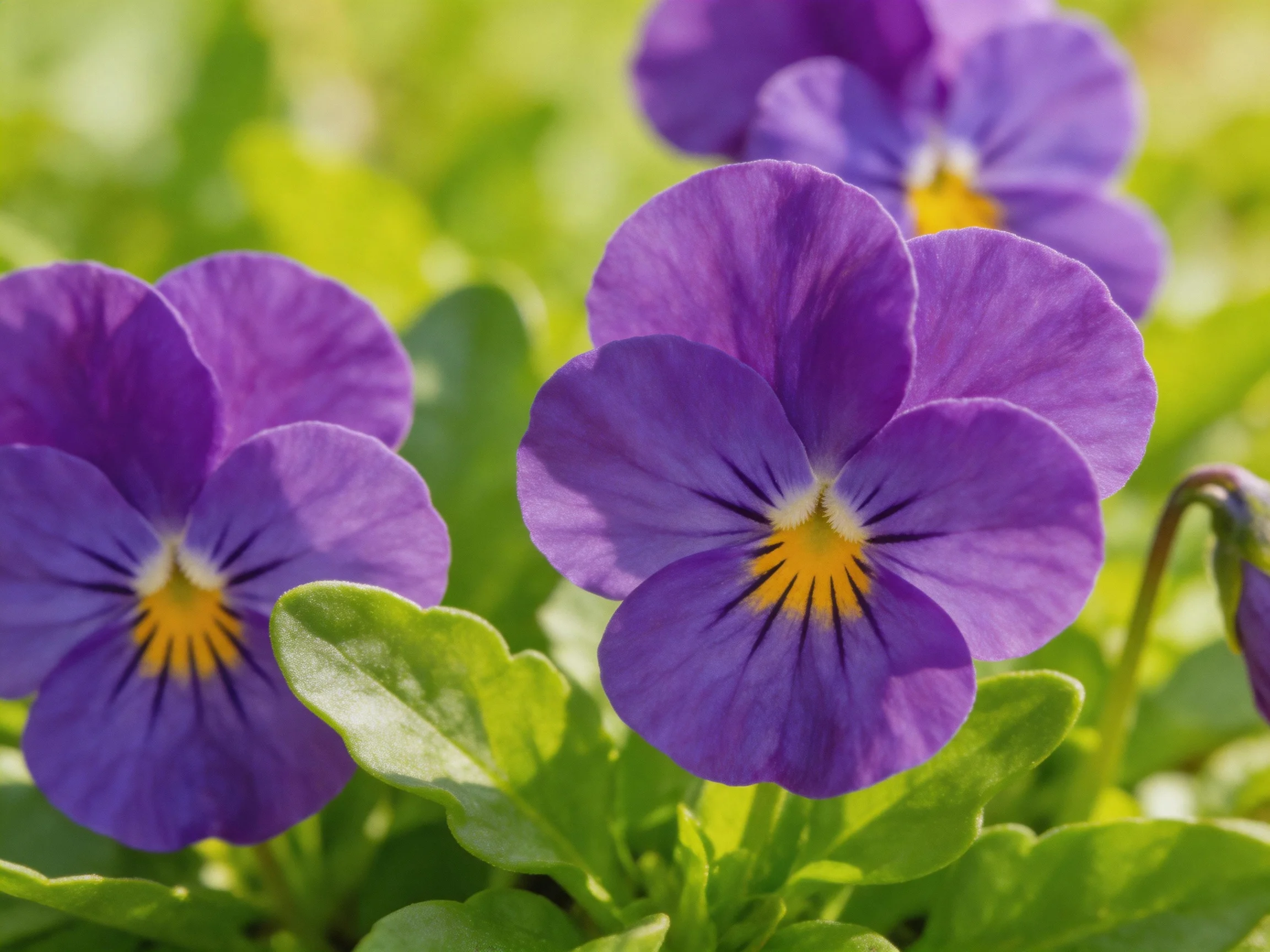 Vibrant purple pansies bloom amid lush green foliage
