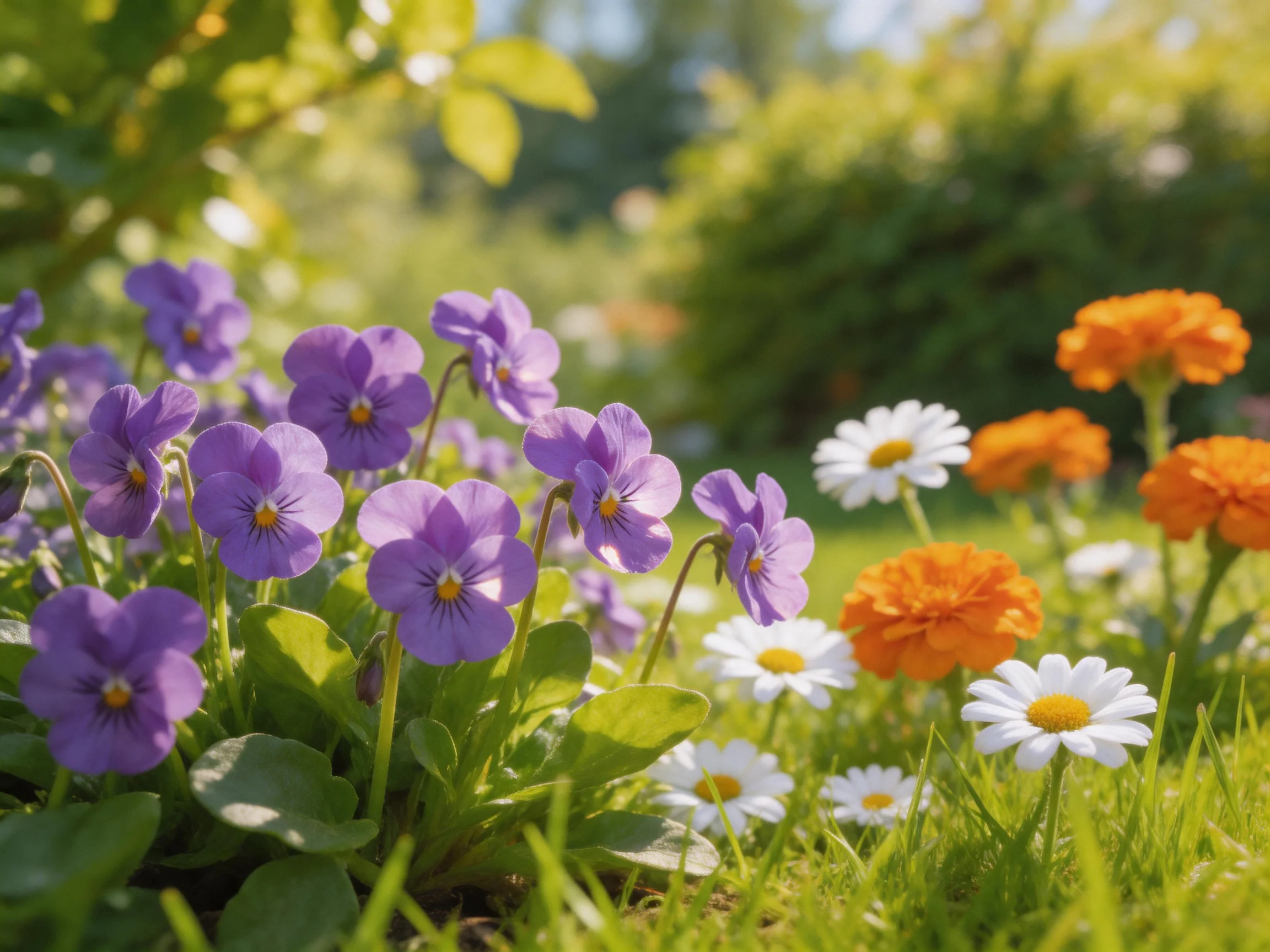 Vibrant purple pansies, white daisies, and orange blooms in a sunlit garden