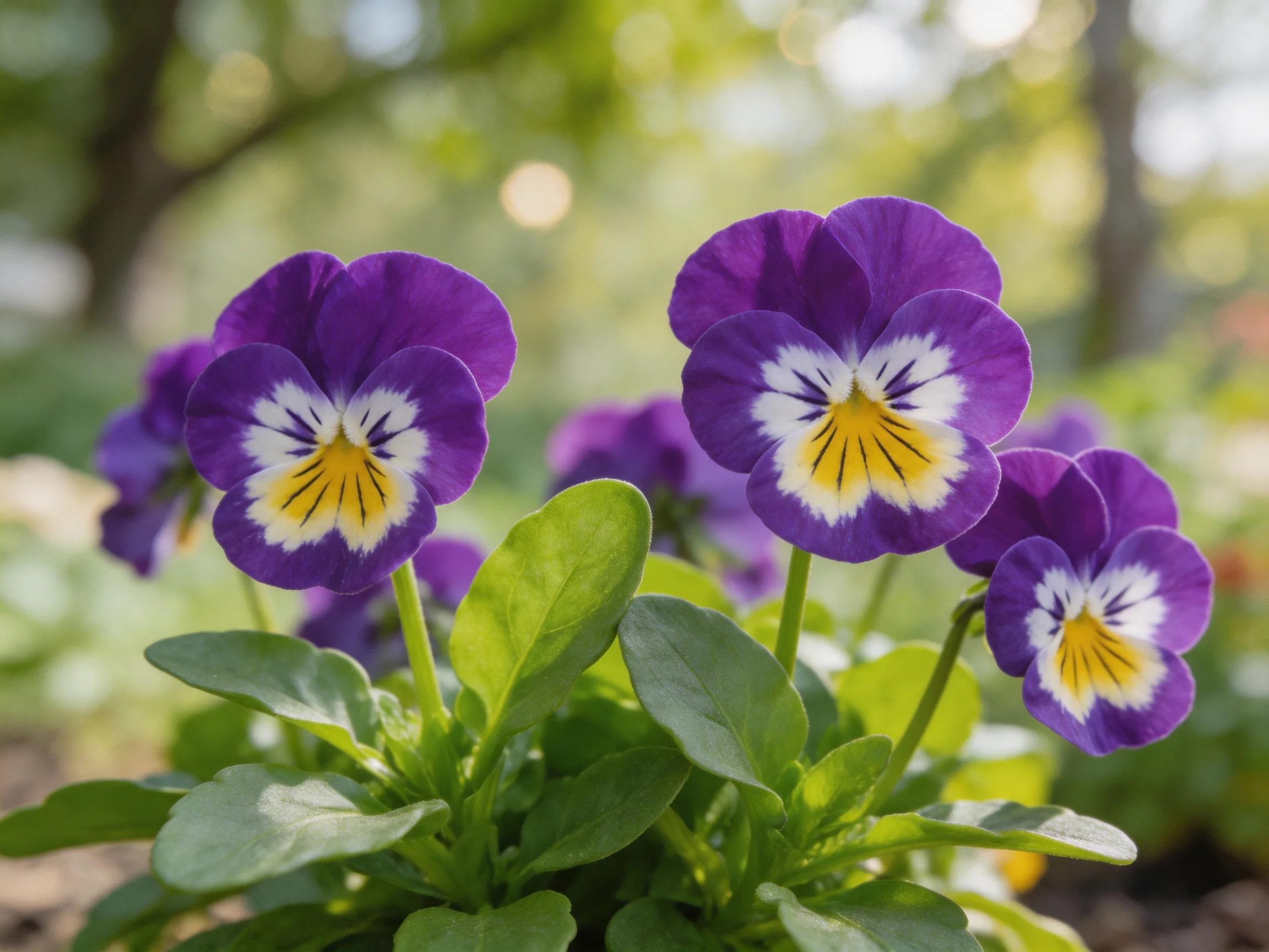 Vibrant purple pansy flowers bloom amid lush green foliage
