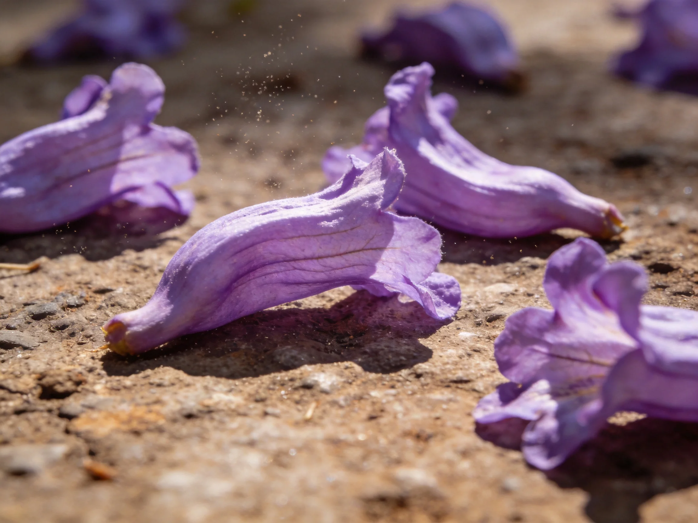 Vibrant purple petals scattered on a textured earthy surface