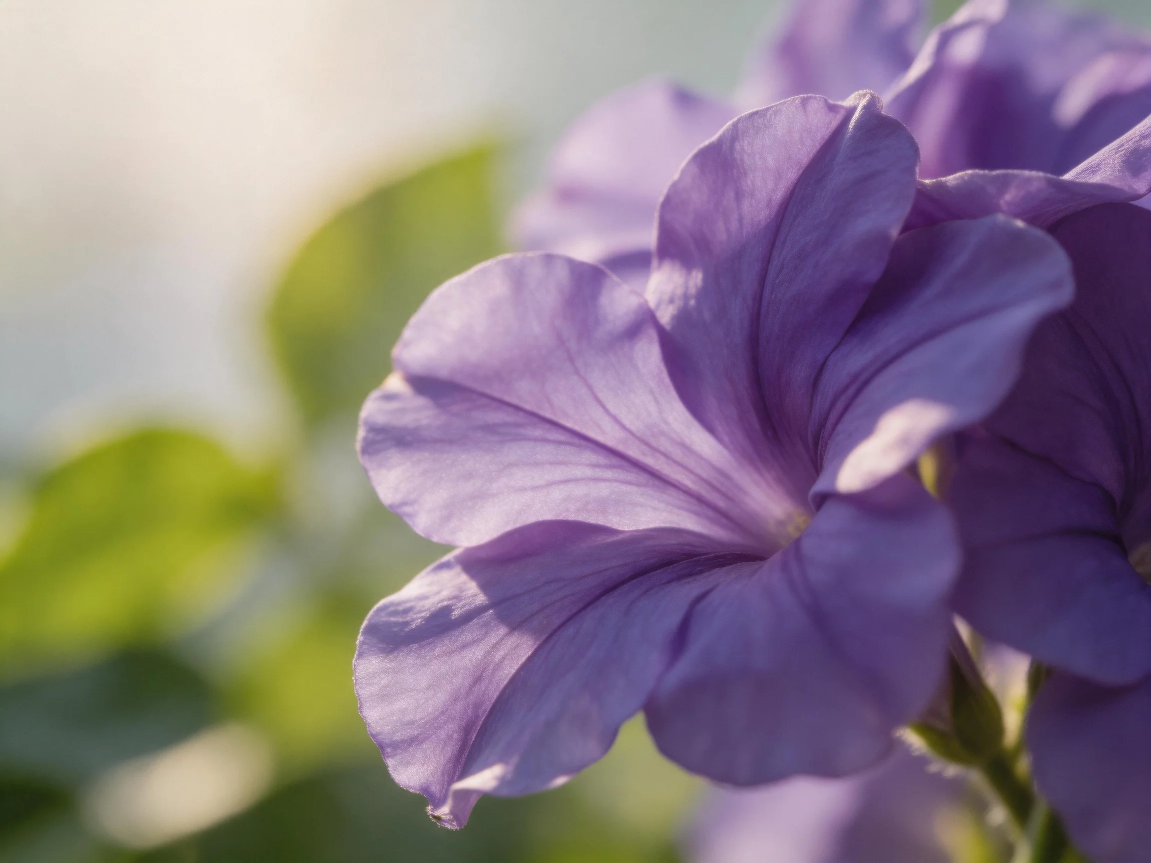 Vibrant purple petunia blooms with soft green foliage in natural light