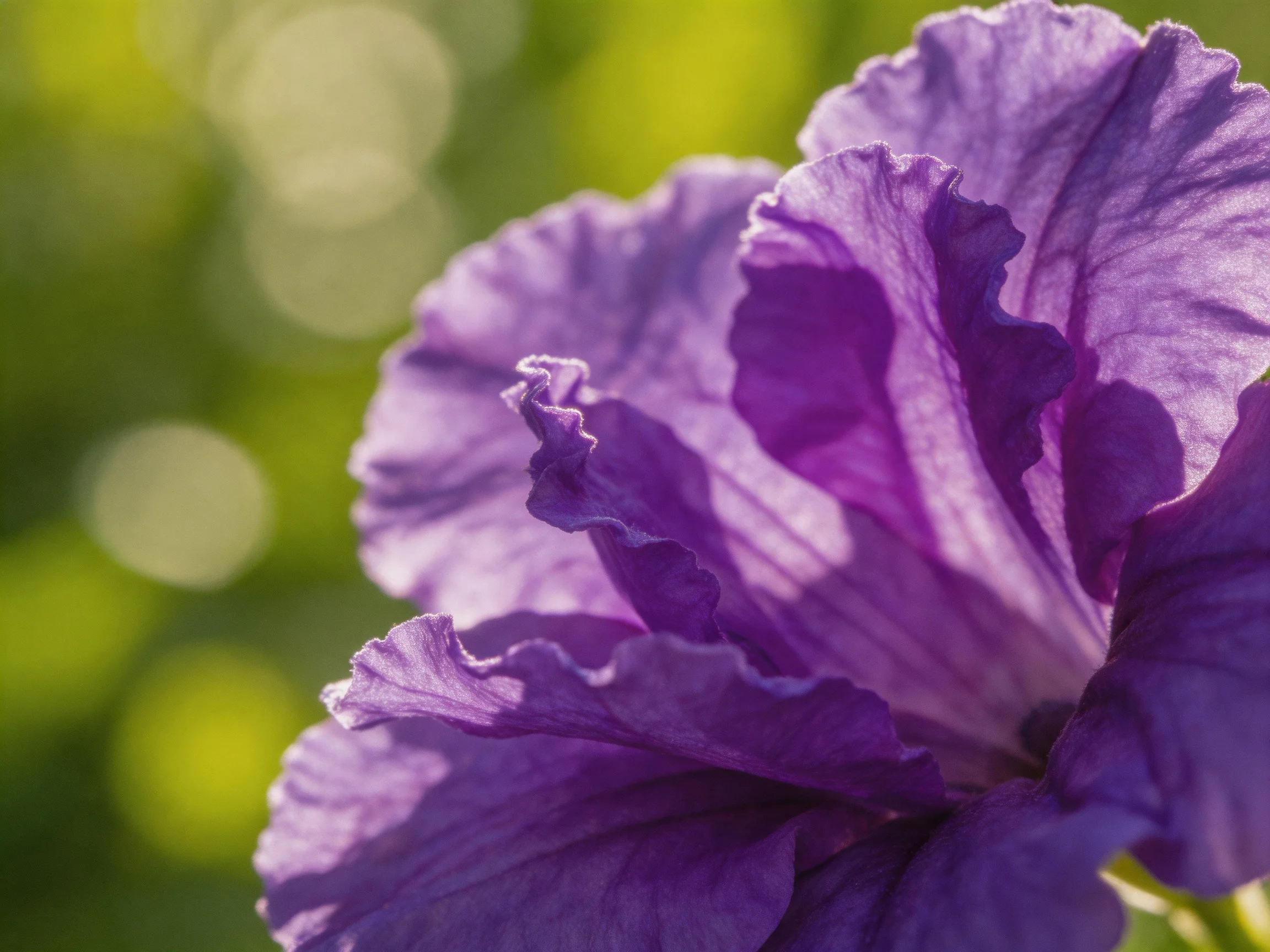 Vibrant purple petunia with ruffled petals against soft green bokeh