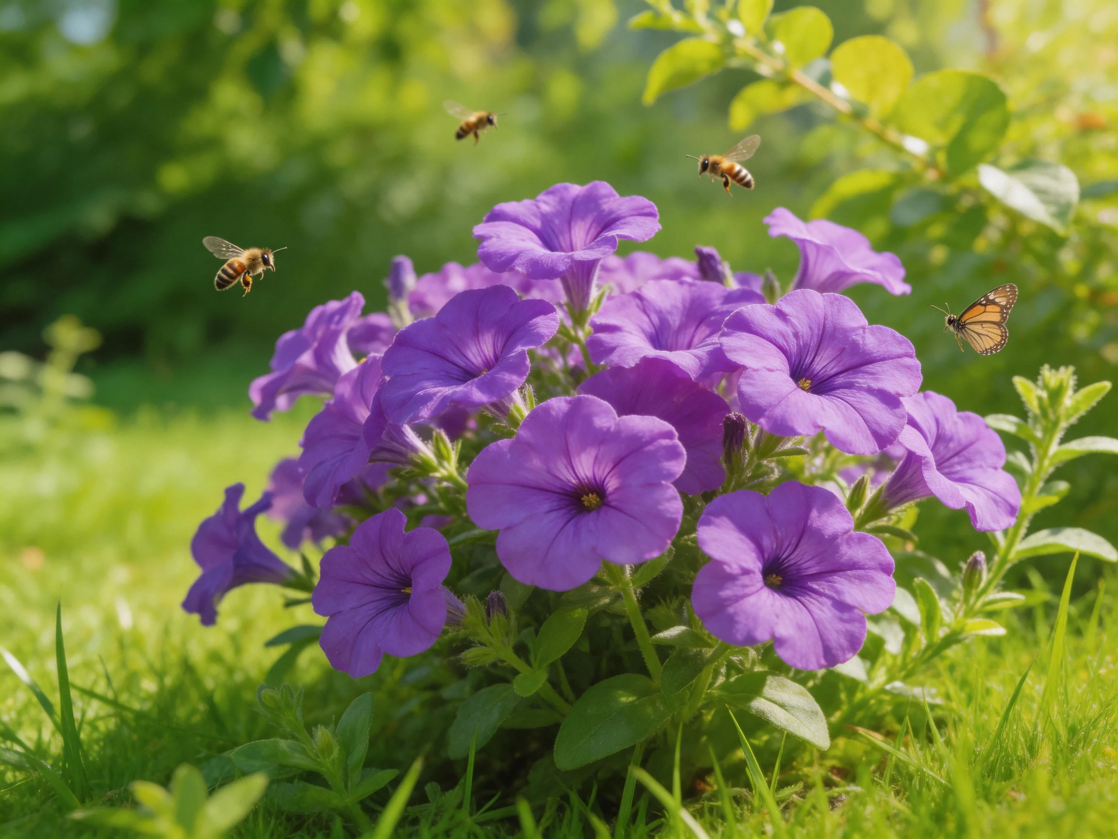 Vibrant purple petunias bloom amid bees and a butterfly in a sunlit garden