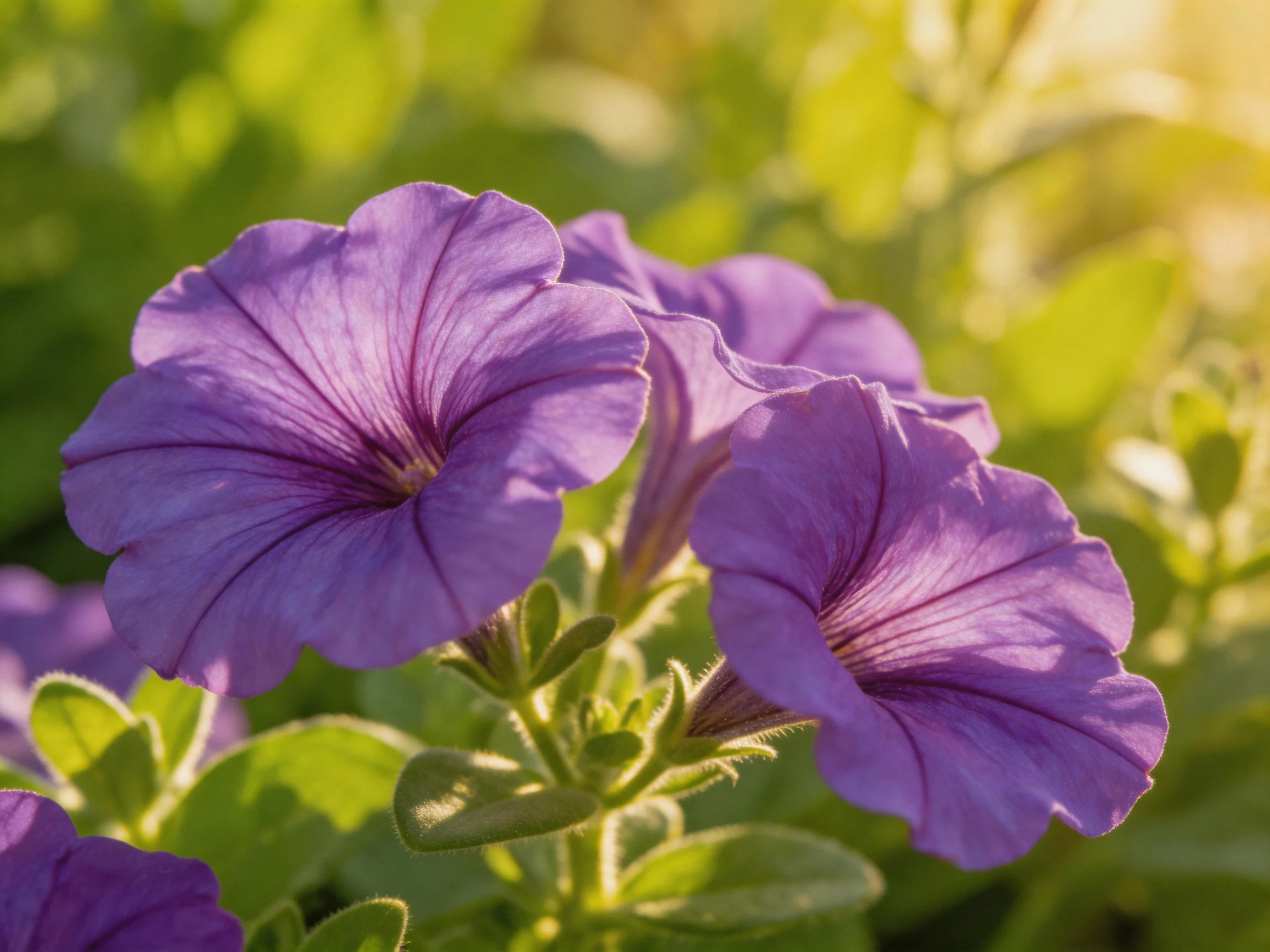 Vibrant purple petunias bloom amid green foliage