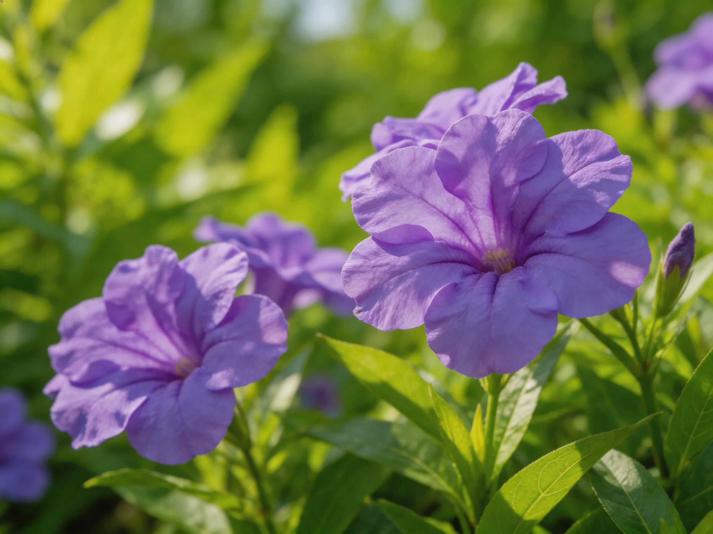 Vibrant purple petunias bloom amid lush green foliage