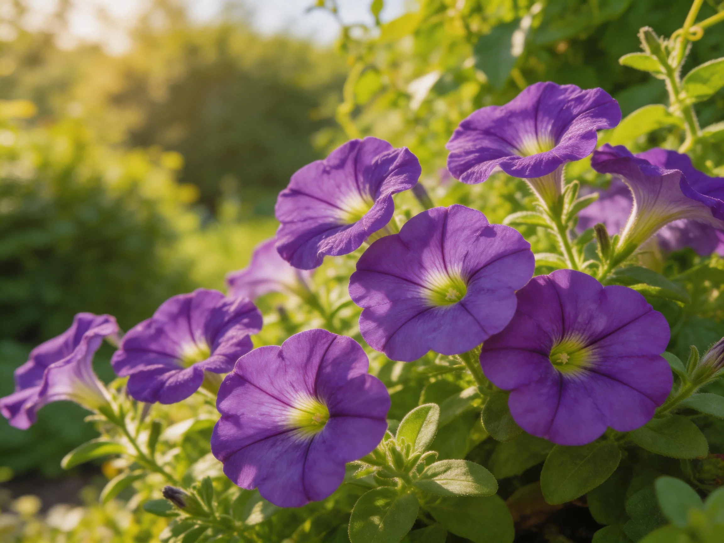 Vibrant purple petunias bloom amid lush green foliage in a sunlit garden