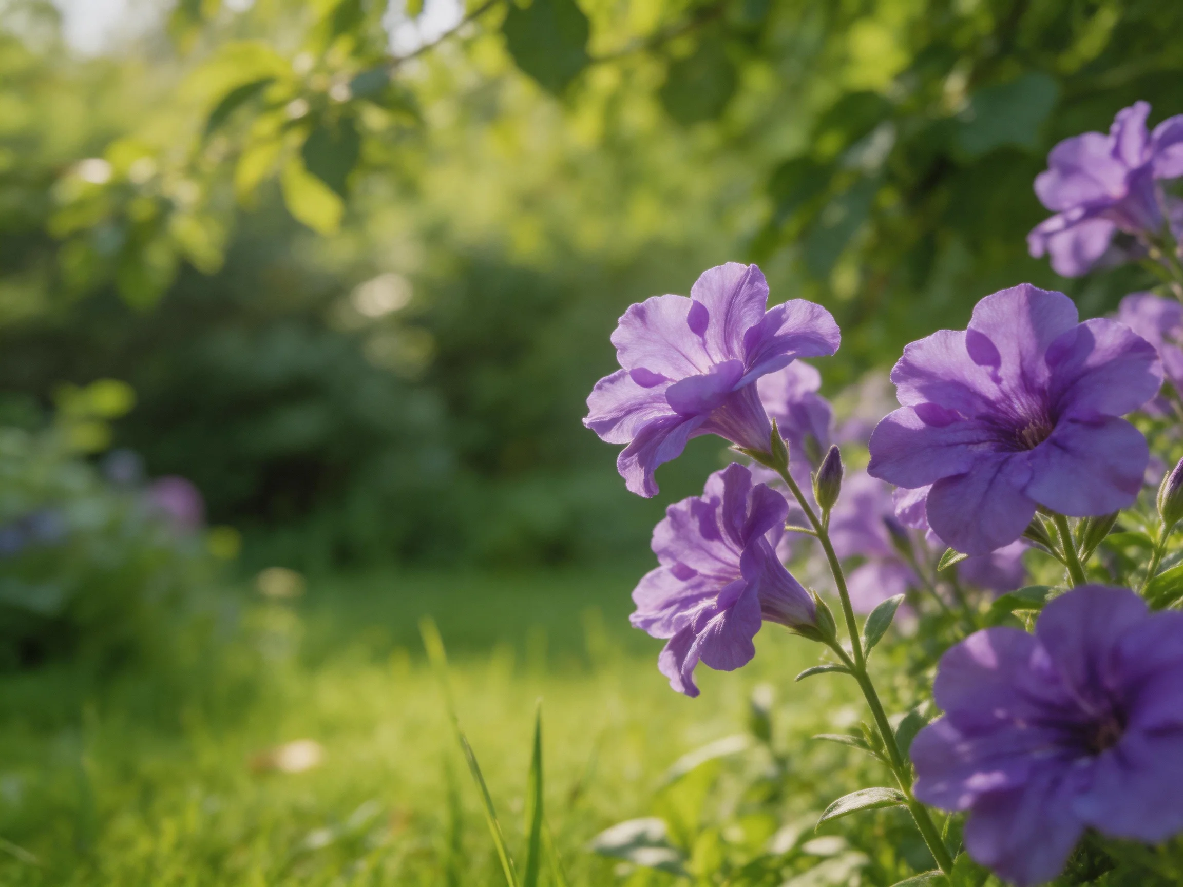 Vibrant purple petunias bloom amid lush green foliage in a sunlit garden