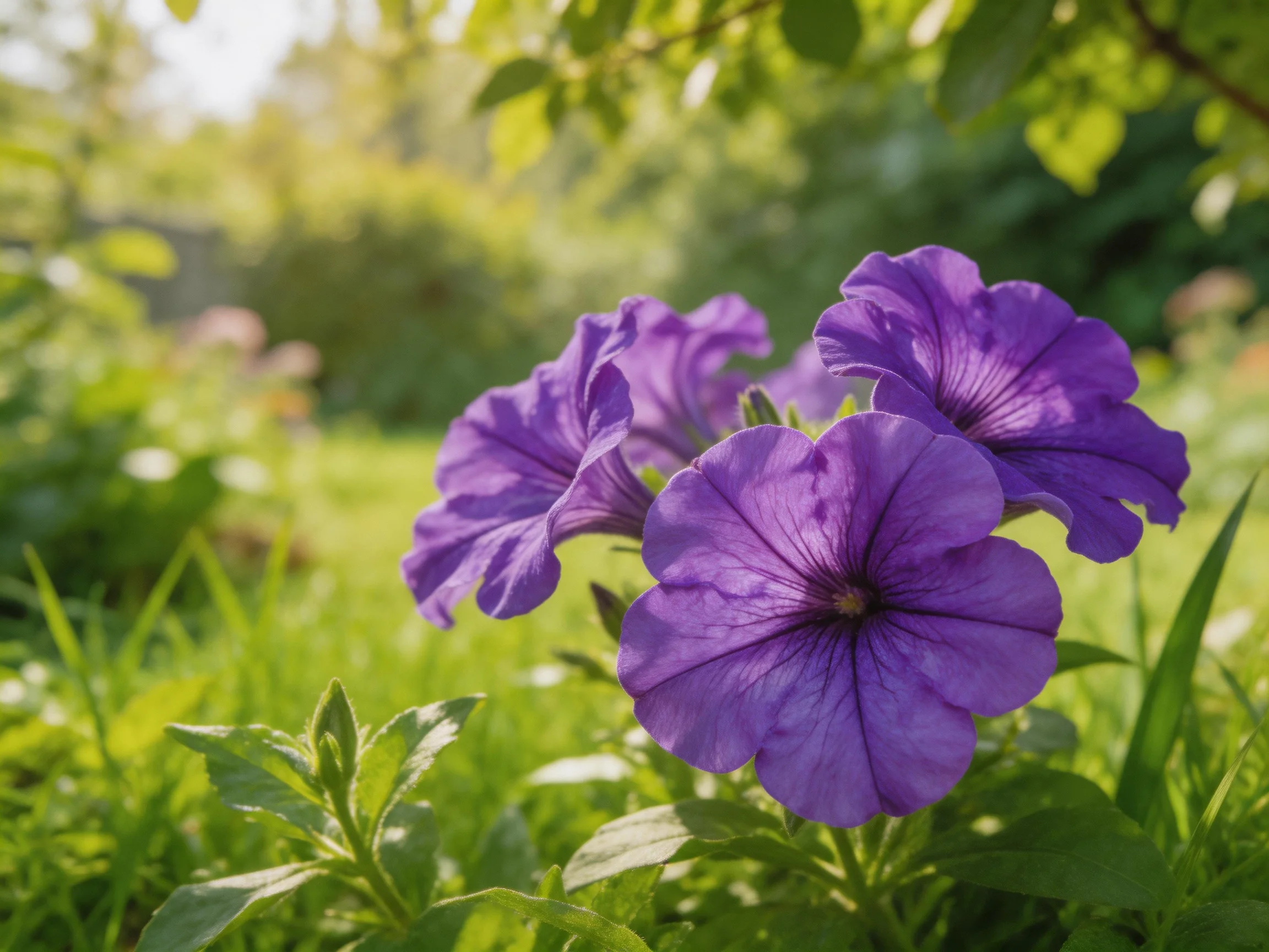 Vibrant purple petunias bloom among lush greenery in a sunlit garden