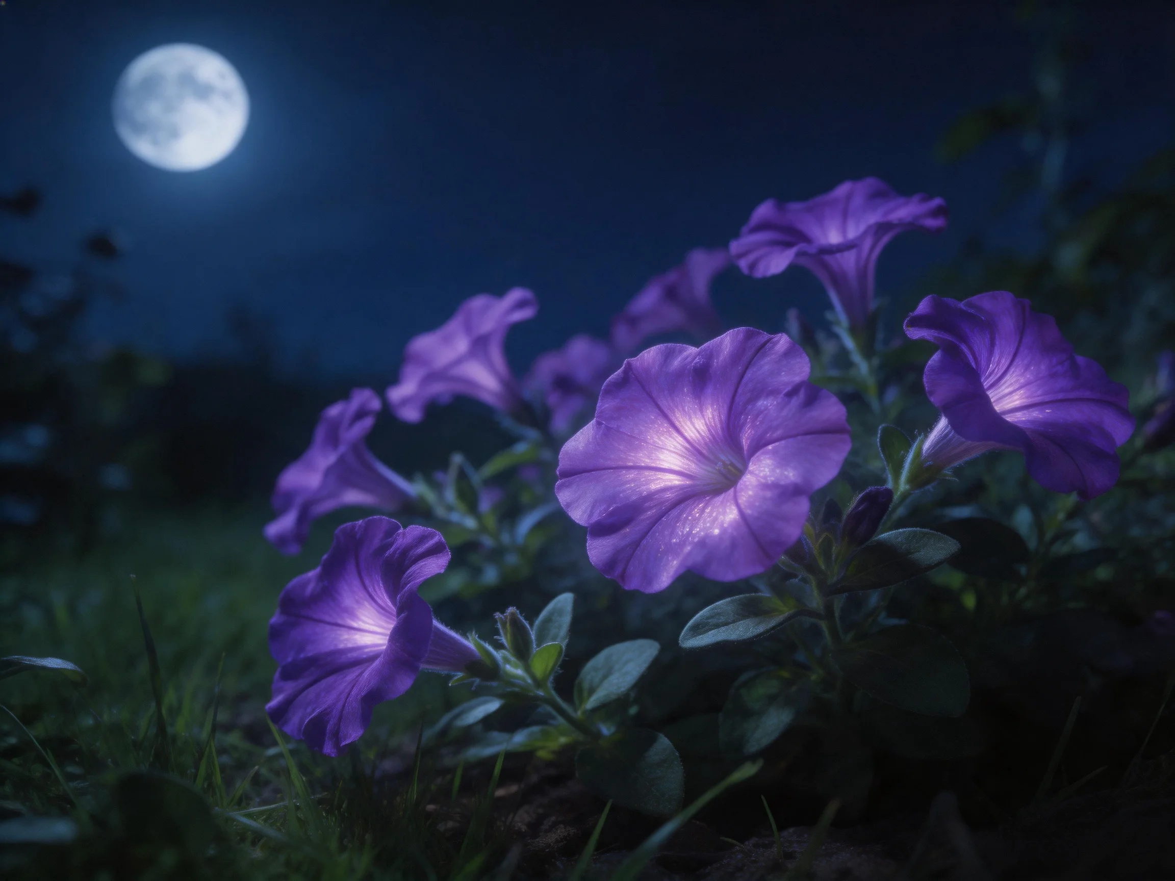 Vibrant purple petunias bloom beneath a glowing full moon