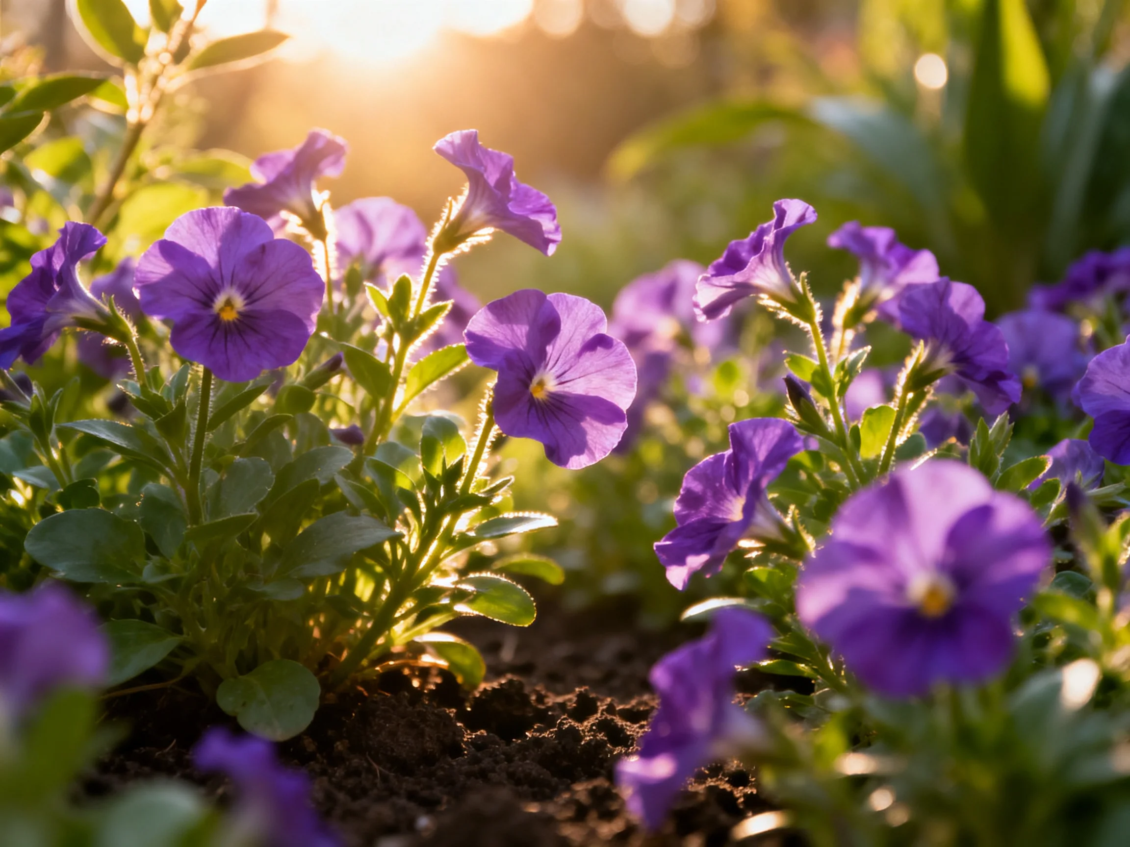 Vibrant purple petunias bloom in a sunlit garden bed