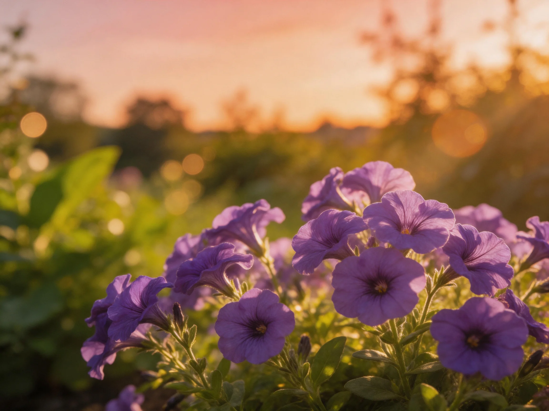 Vibrant purple petunias bloom under golden sunset light