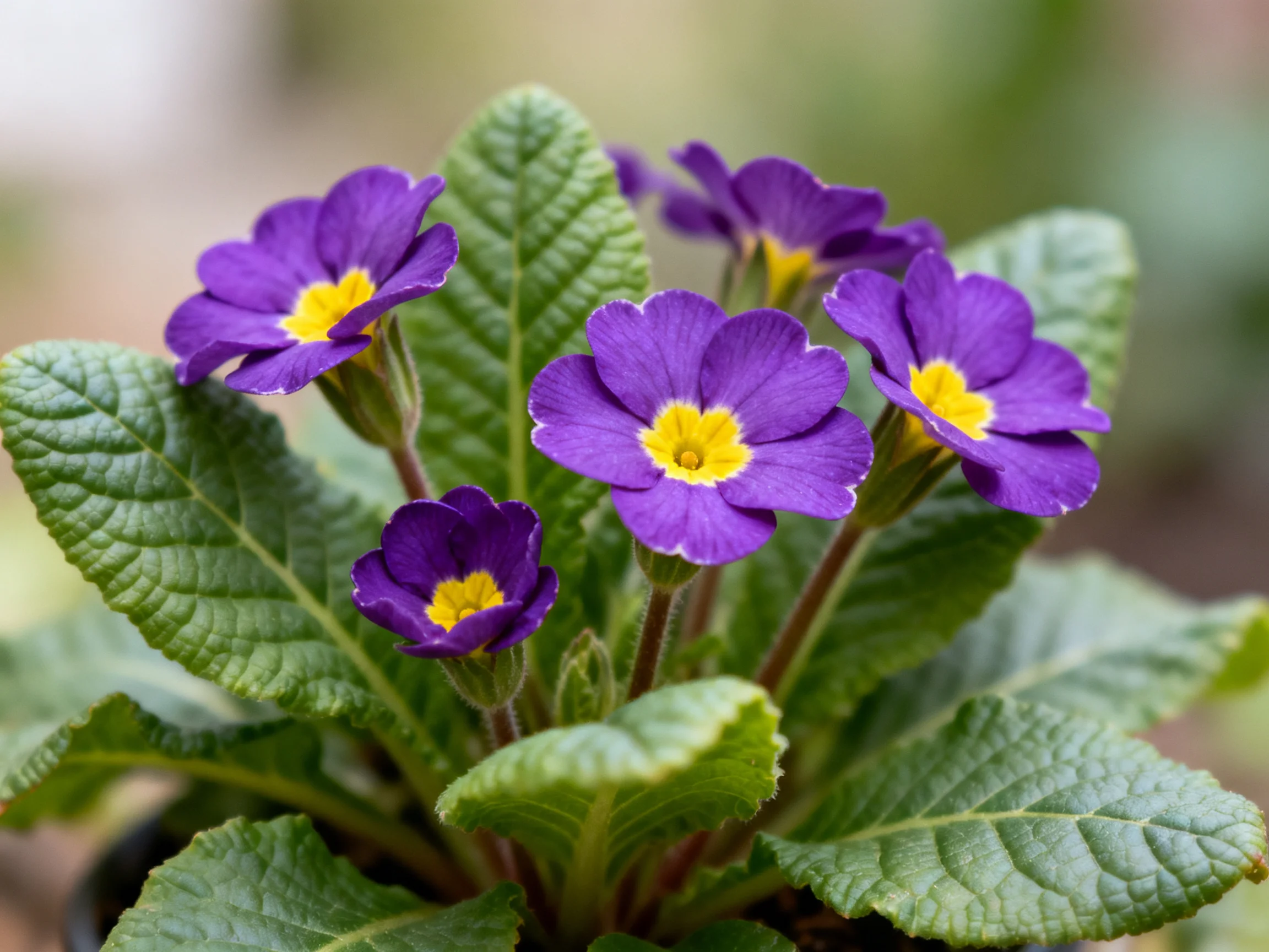 Vibrant purple primrose blooms with bright yellow centers among textured green foliage