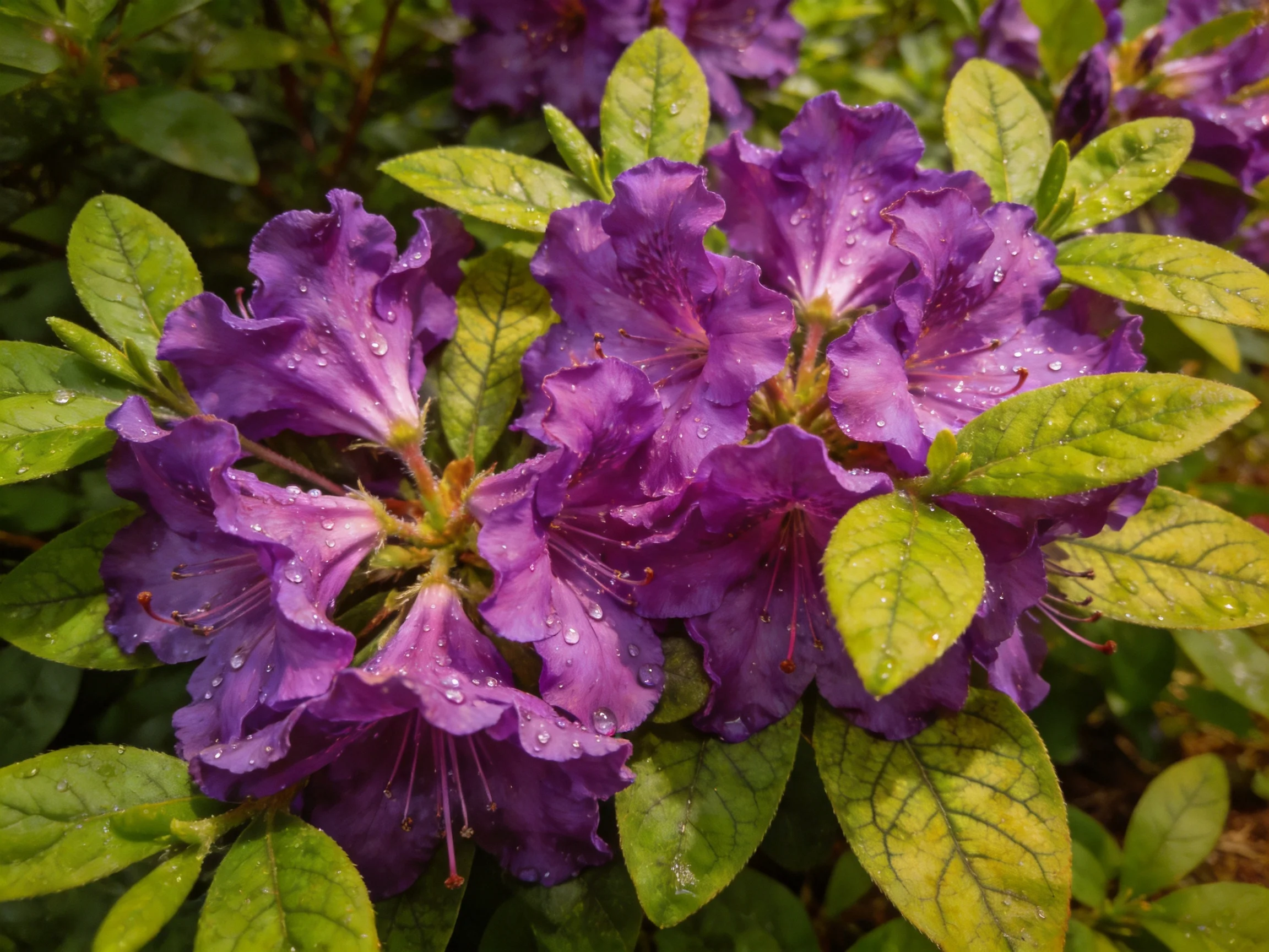 Vibrant purple rhododendron blooms with dewy petals and glossy green leaves