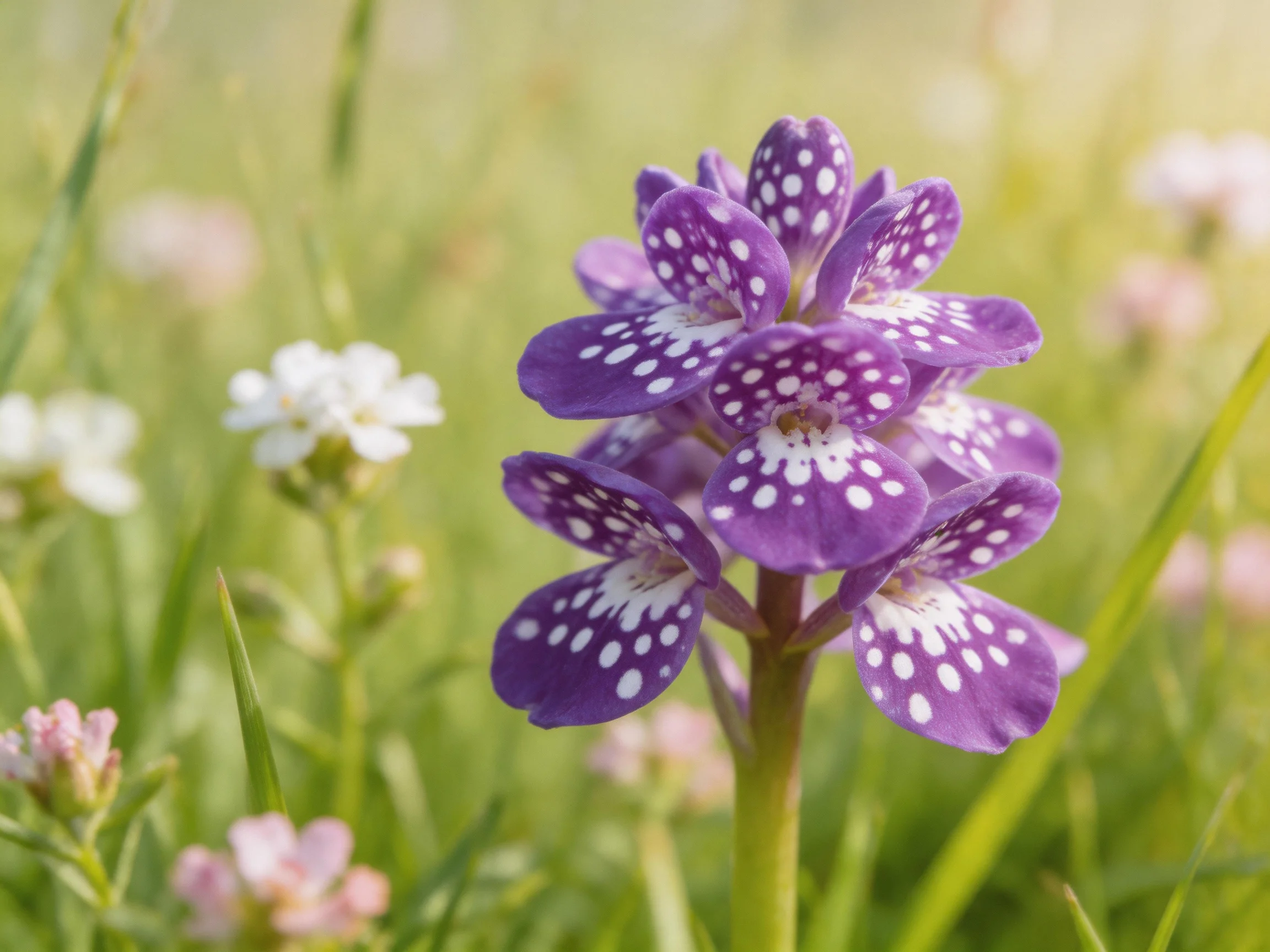 Vibrant purple spotted orchid amidst soft green meadow blooms