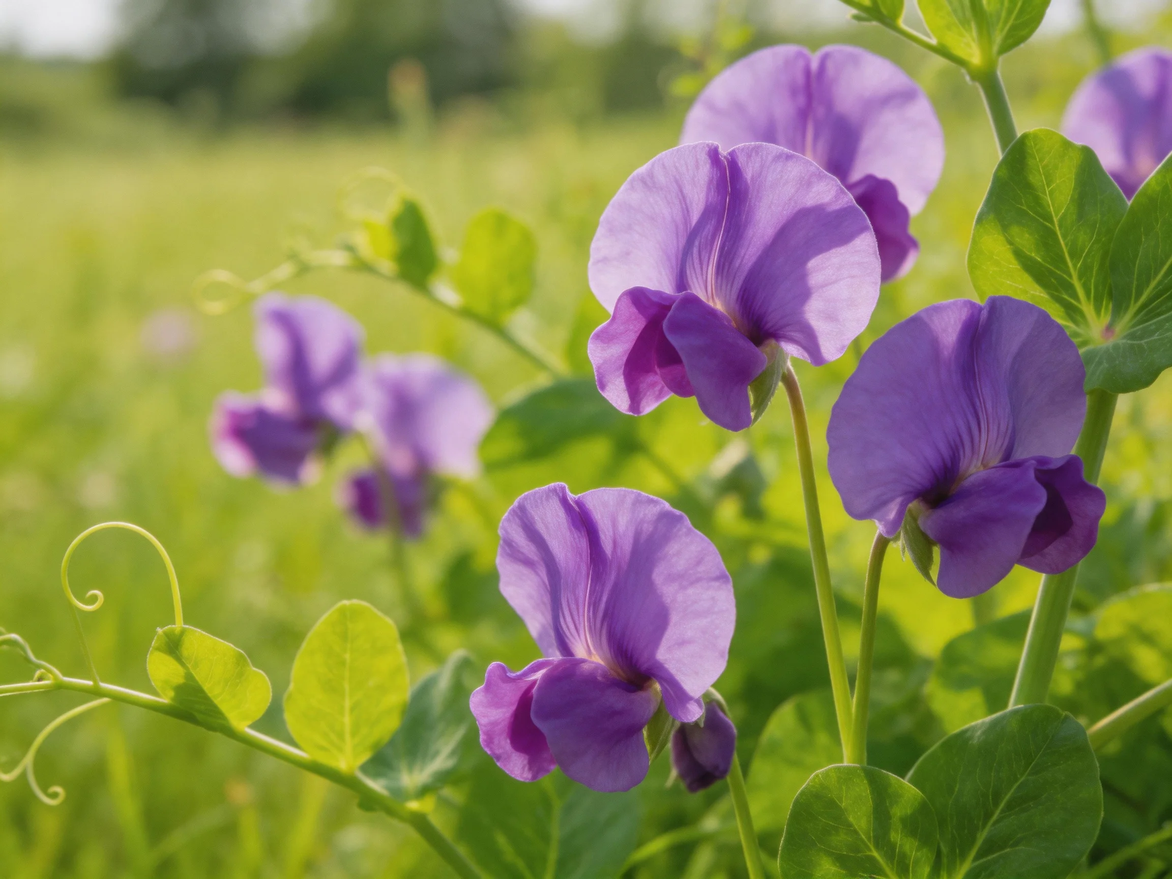Vibrant purple sweet peas bloom amid lush green foliage