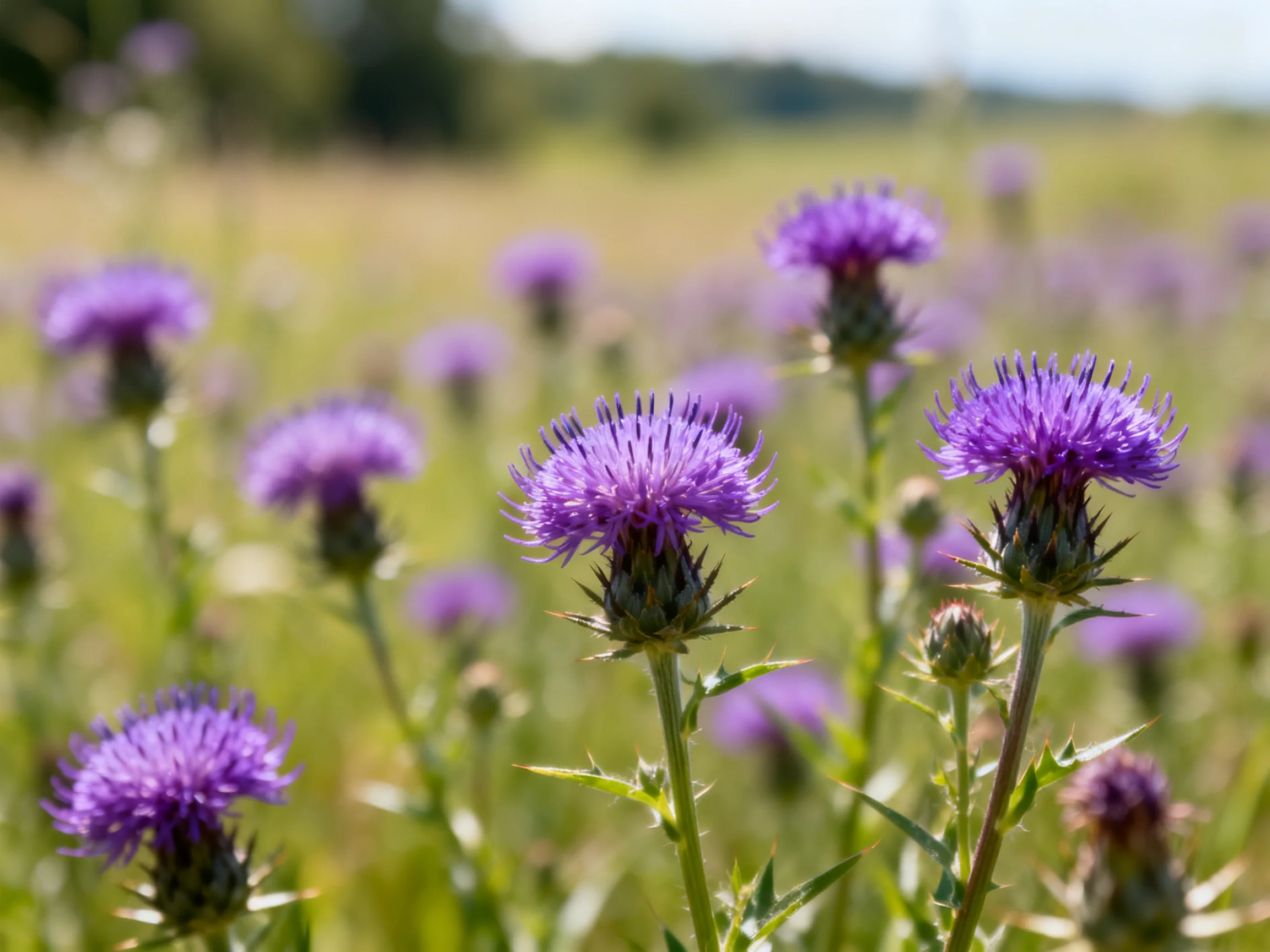 Vibrant purple thistle blooms scattered across a sunlit meadow