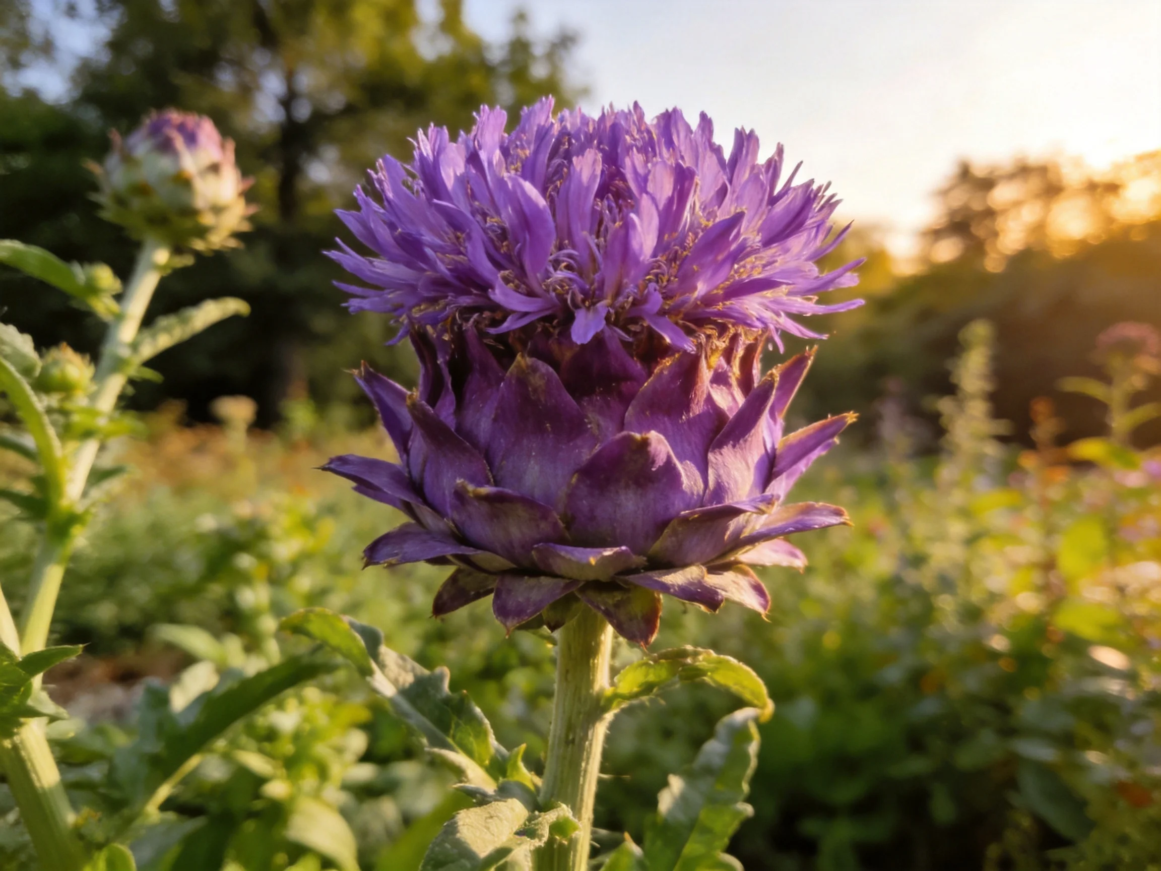 Vibrant purple thistle blooms with layered petals in a sunlit garden