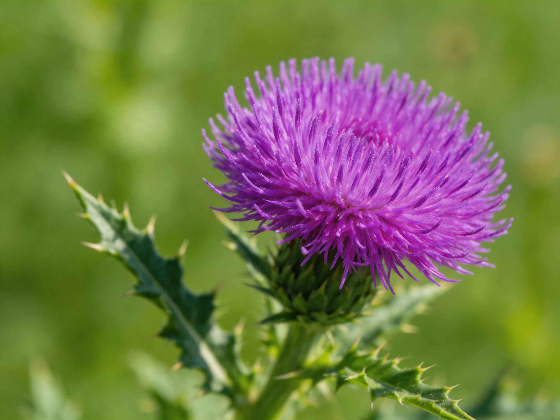 Vibrant purple thistle flower with spiky green foliage