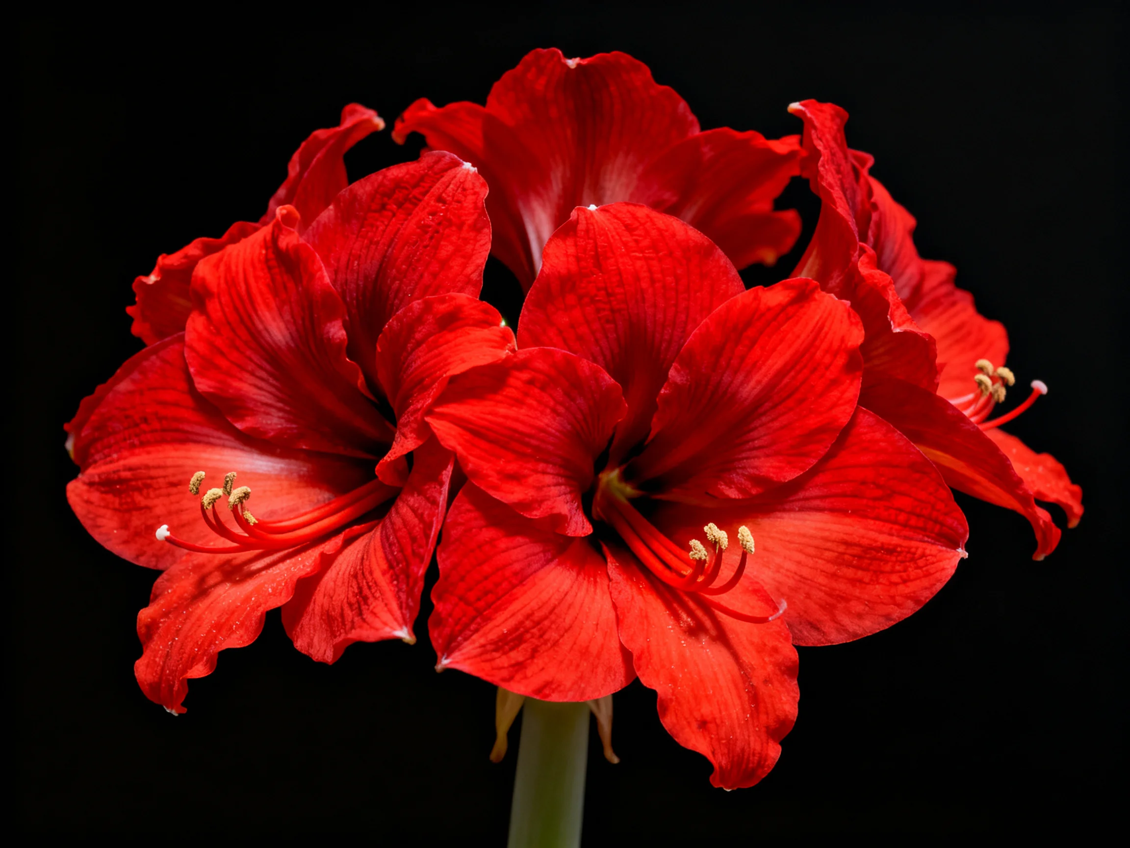 Clustered vibrant red amaryllis flowers stand out against the dark background.