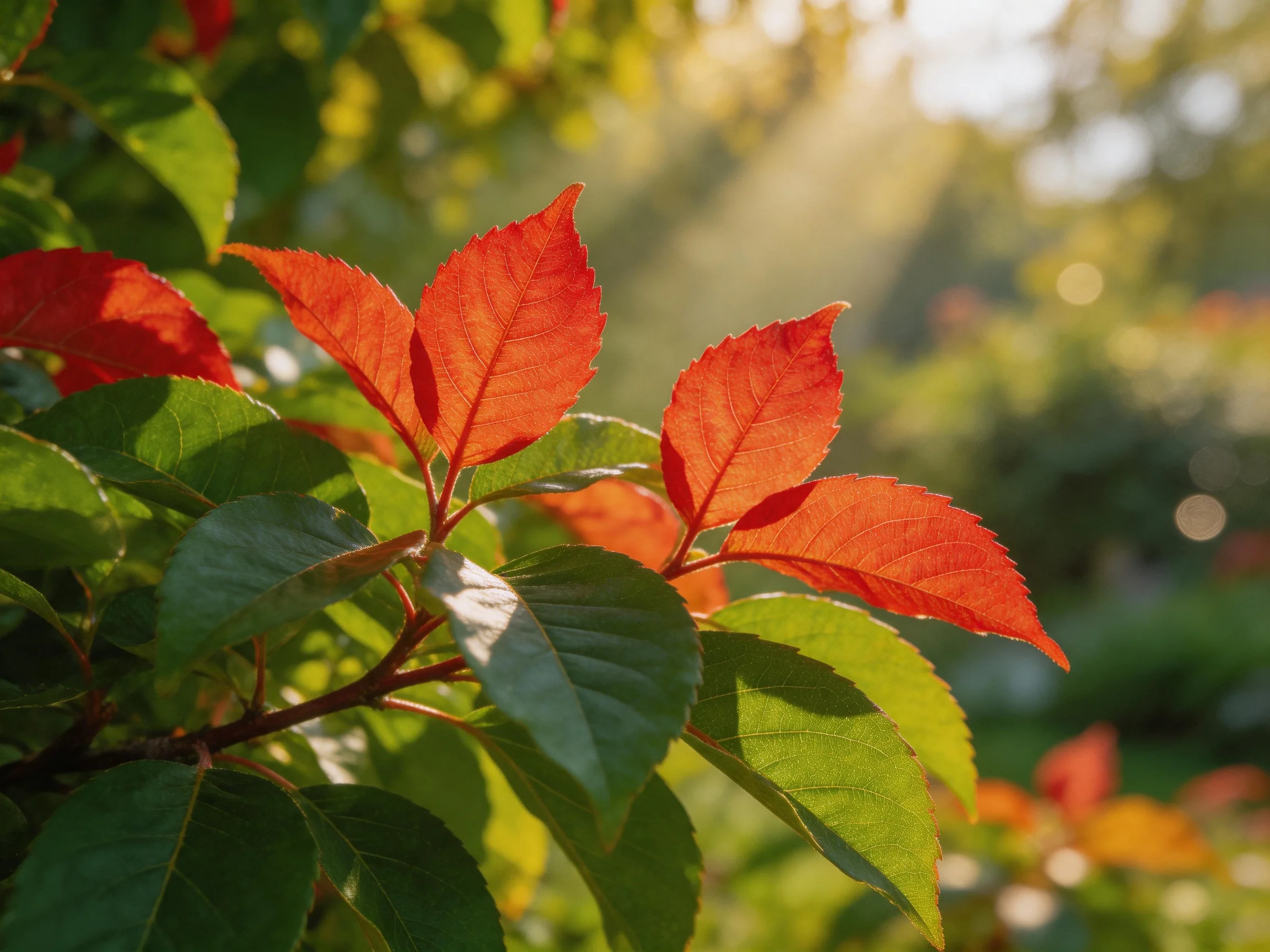 Vibrant red and green leaves illuminated by golden sunlight rays