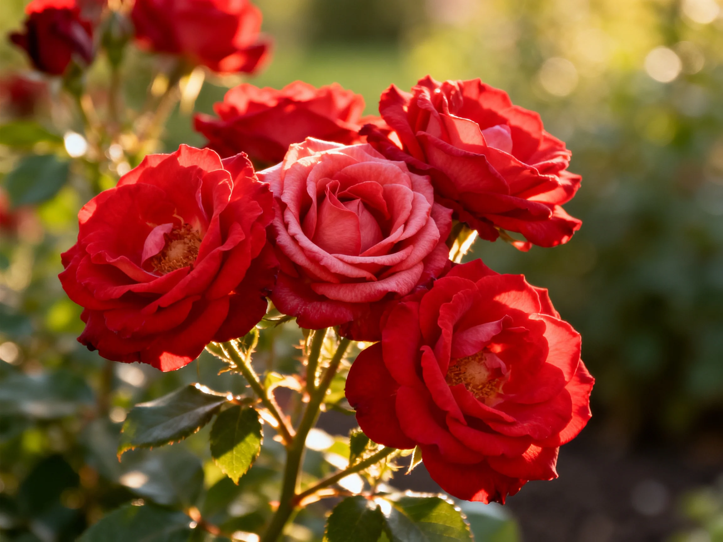 Vibrant red and soft pink roses clustered in sunlight