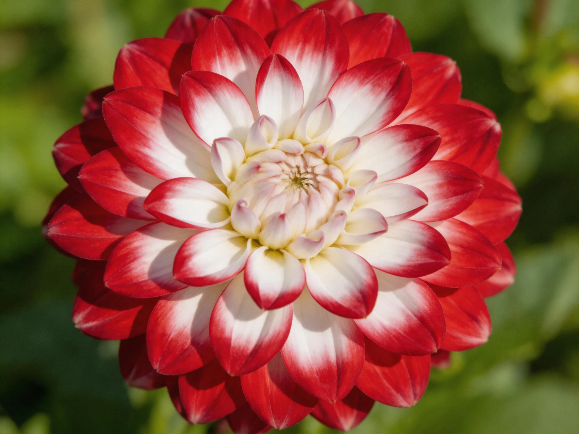 Close - up of a red and white dahlia with layered petals.