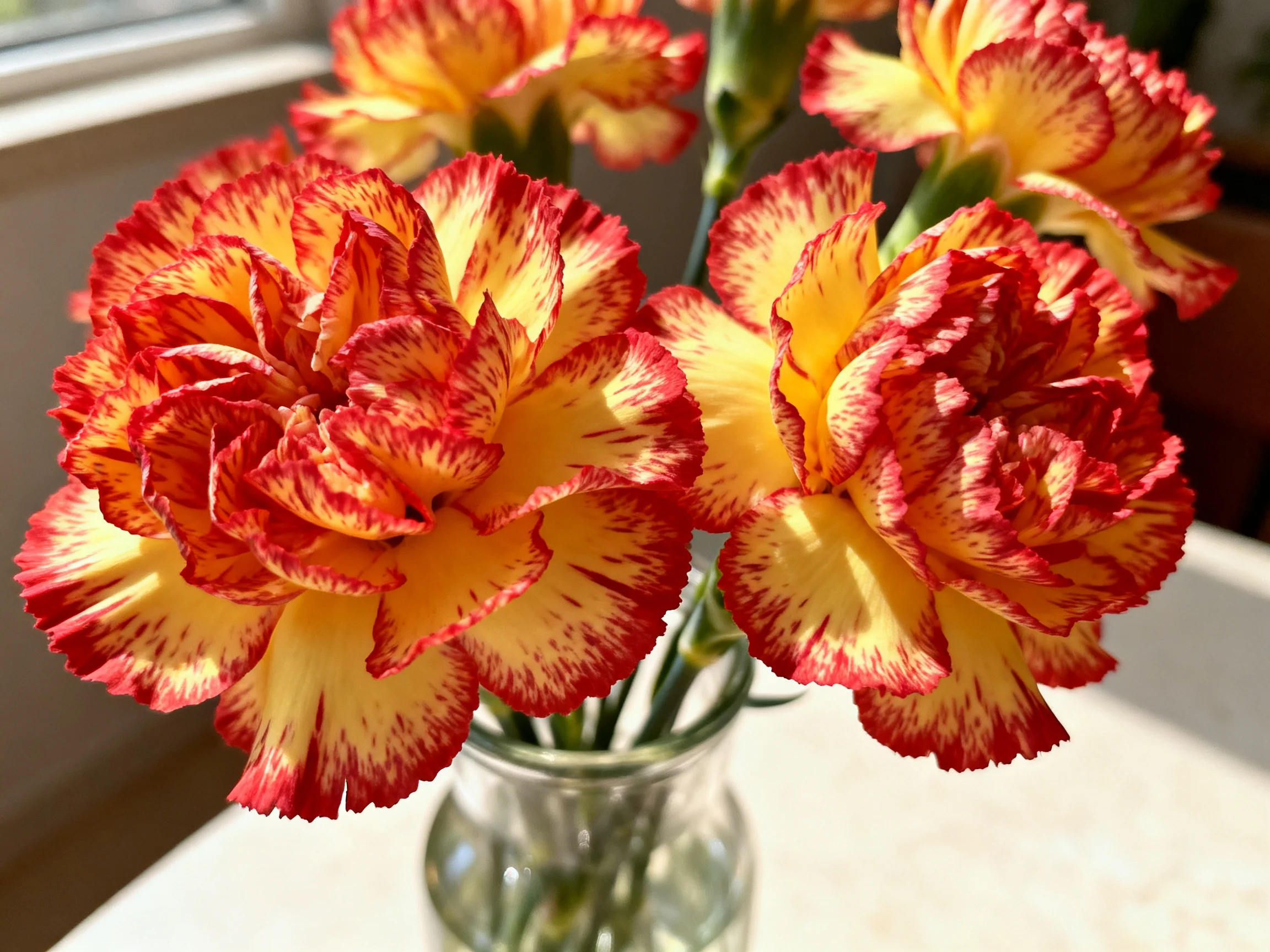 Vibrant red and yellow carnations arranged in a glass vase near a sunlit window