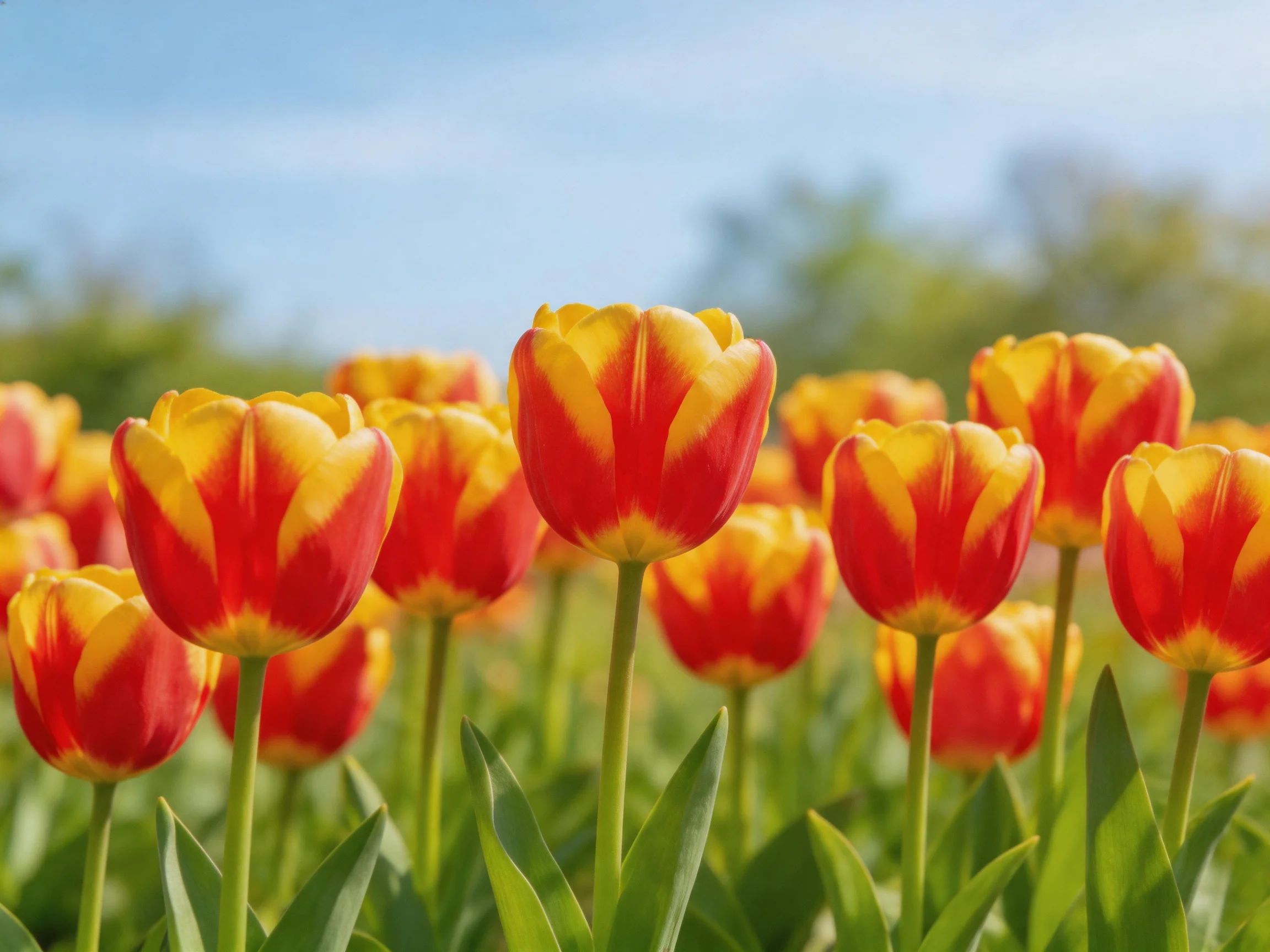 Vibrant red and yellow tulip blooms in a sunlit garden field