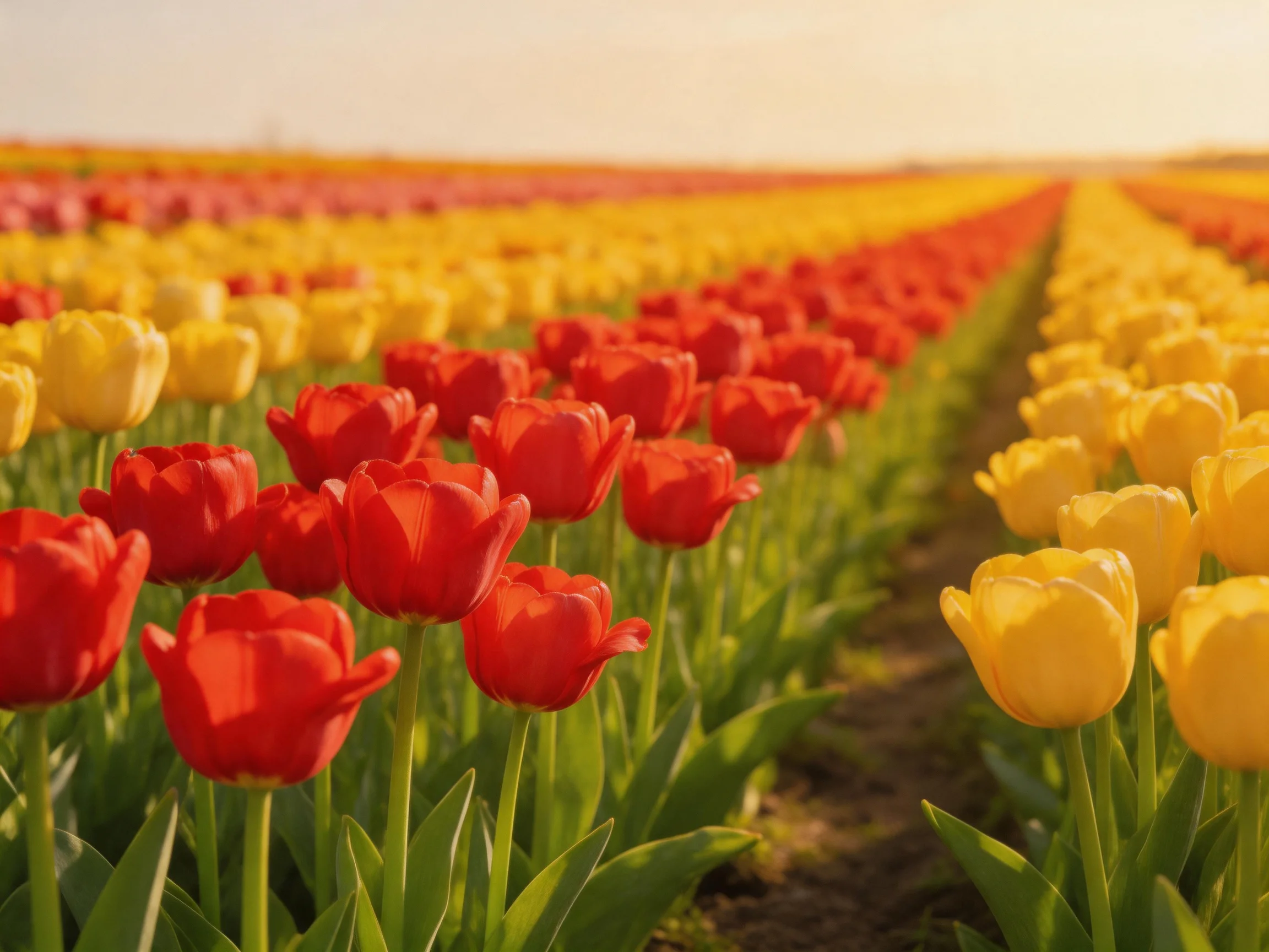 Vibrant red and yellow tulip fields in organized rows