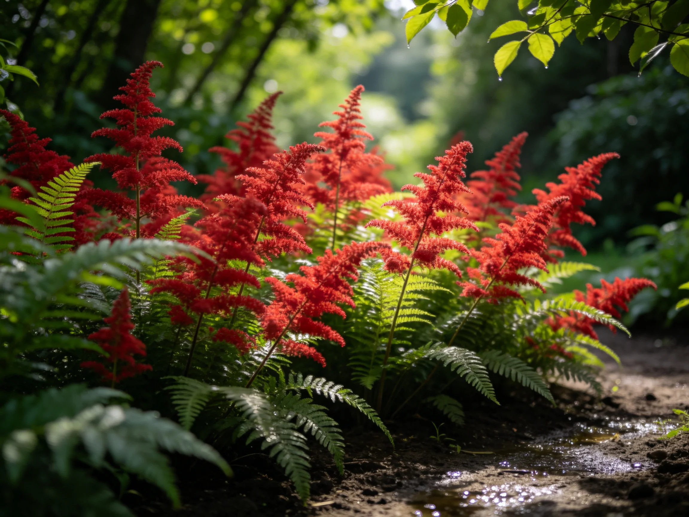 Vibrant red astilbe blooms amid lush green ferns by a forest path