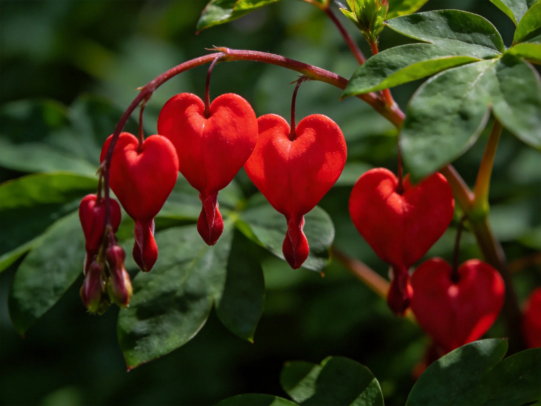 Vibrant red bleeding heart flowers hang among dense green leaves.