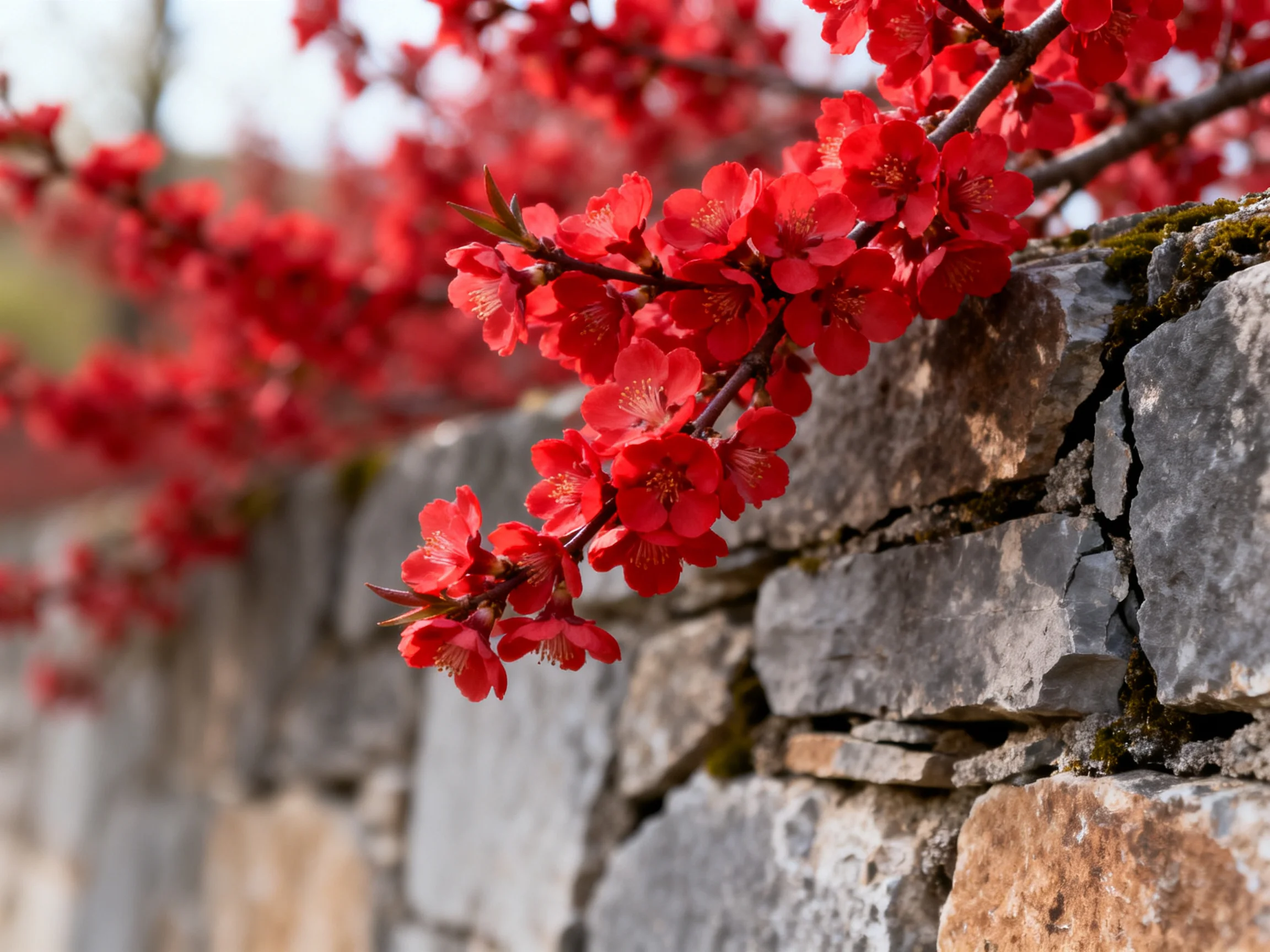Vibrant red blossoms cascade over an aged stone wall