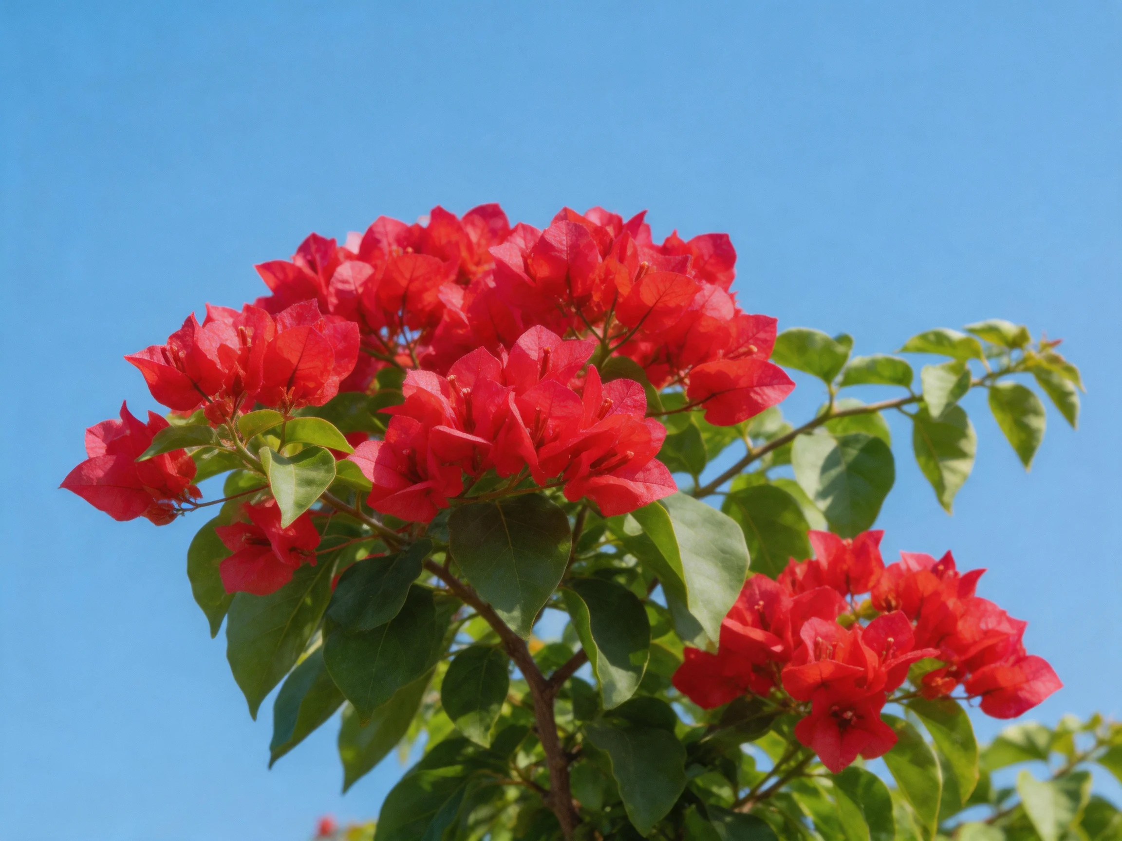 Vibrant red bougainvillea blooms against a clear blue sky