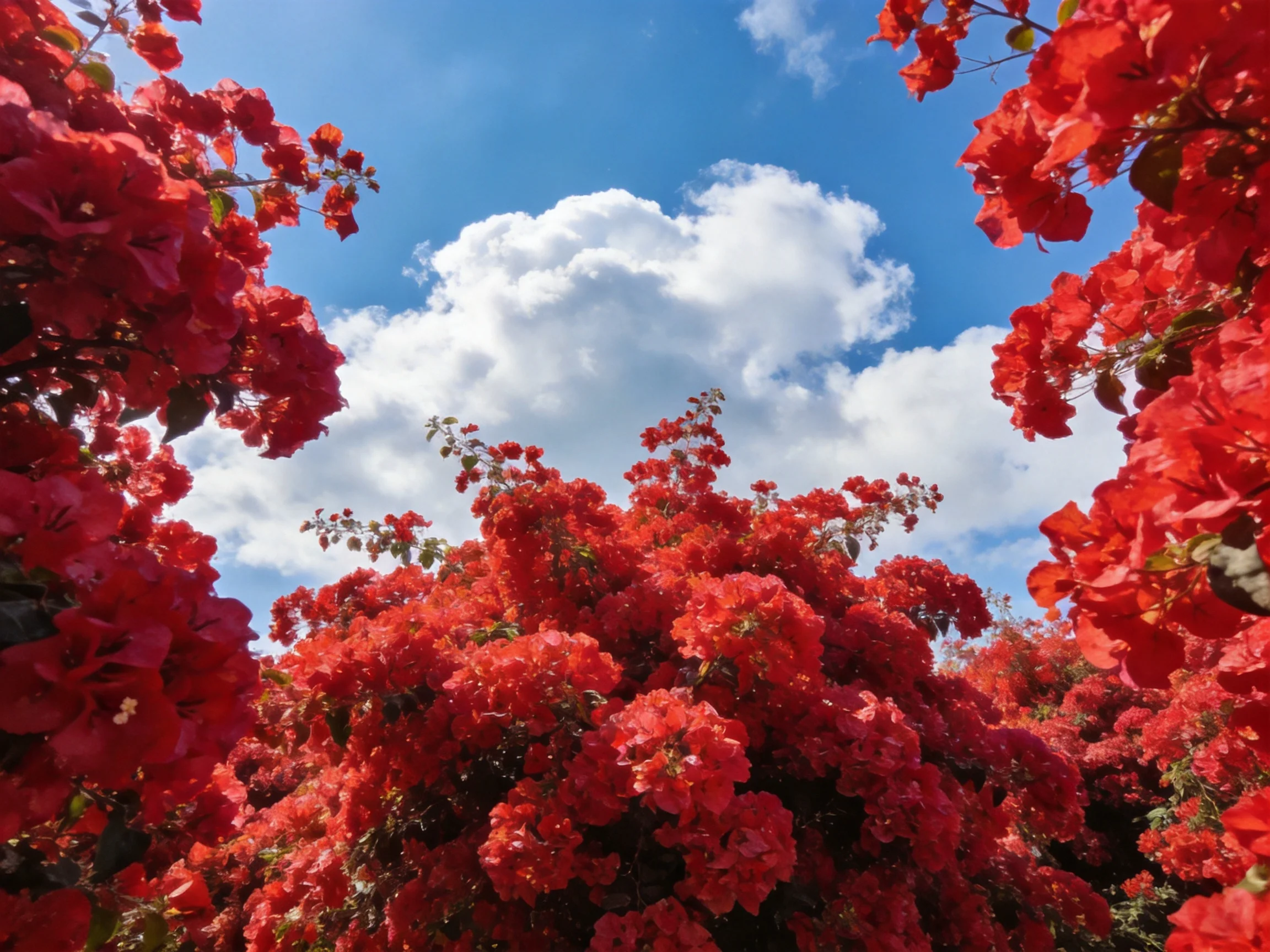 Vibrant red bougainvillea blooms against bright blue sky with fluffy white clouds