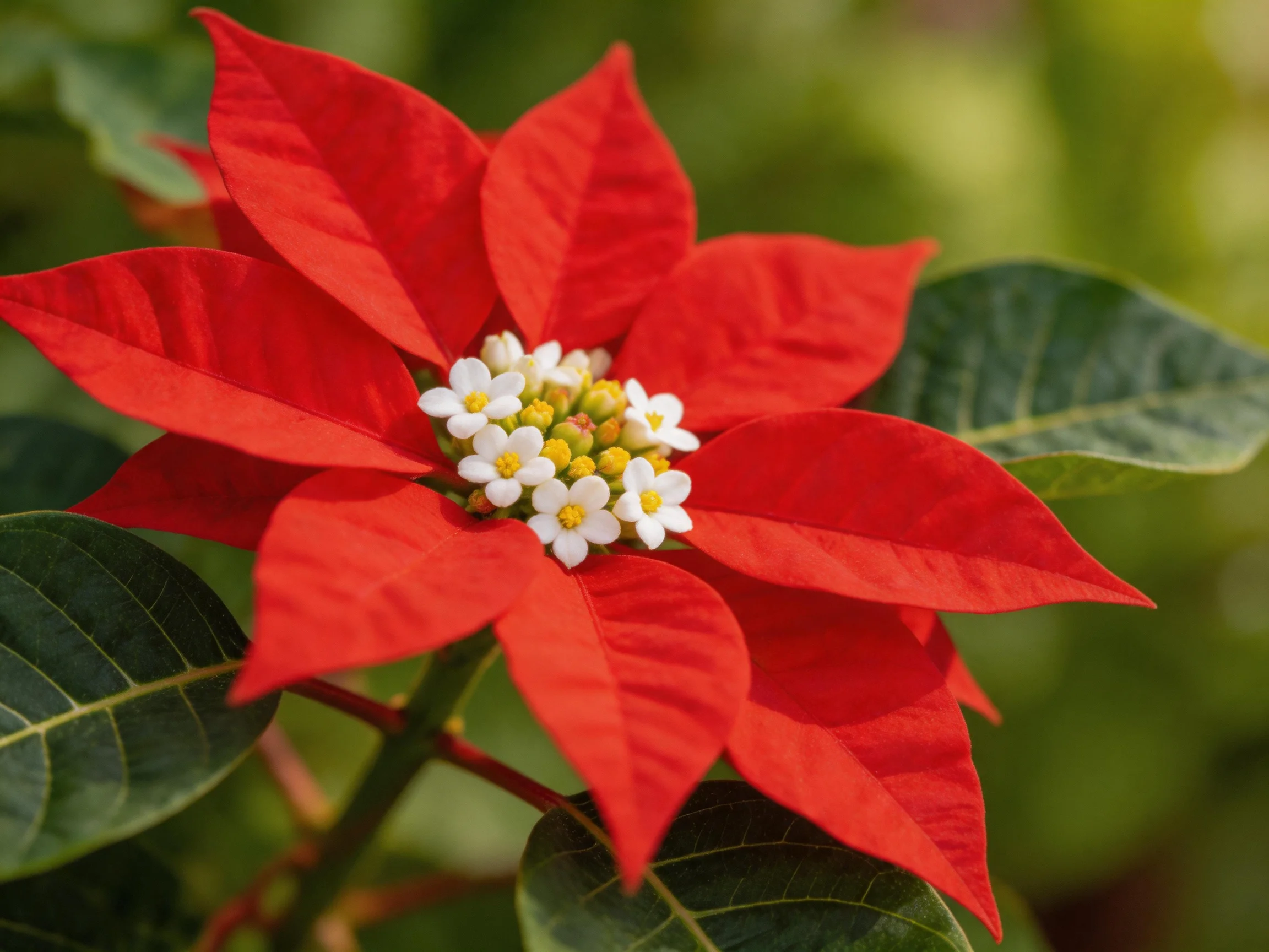 Vibrant red bracts surround delicate white flowers on a poinsettia