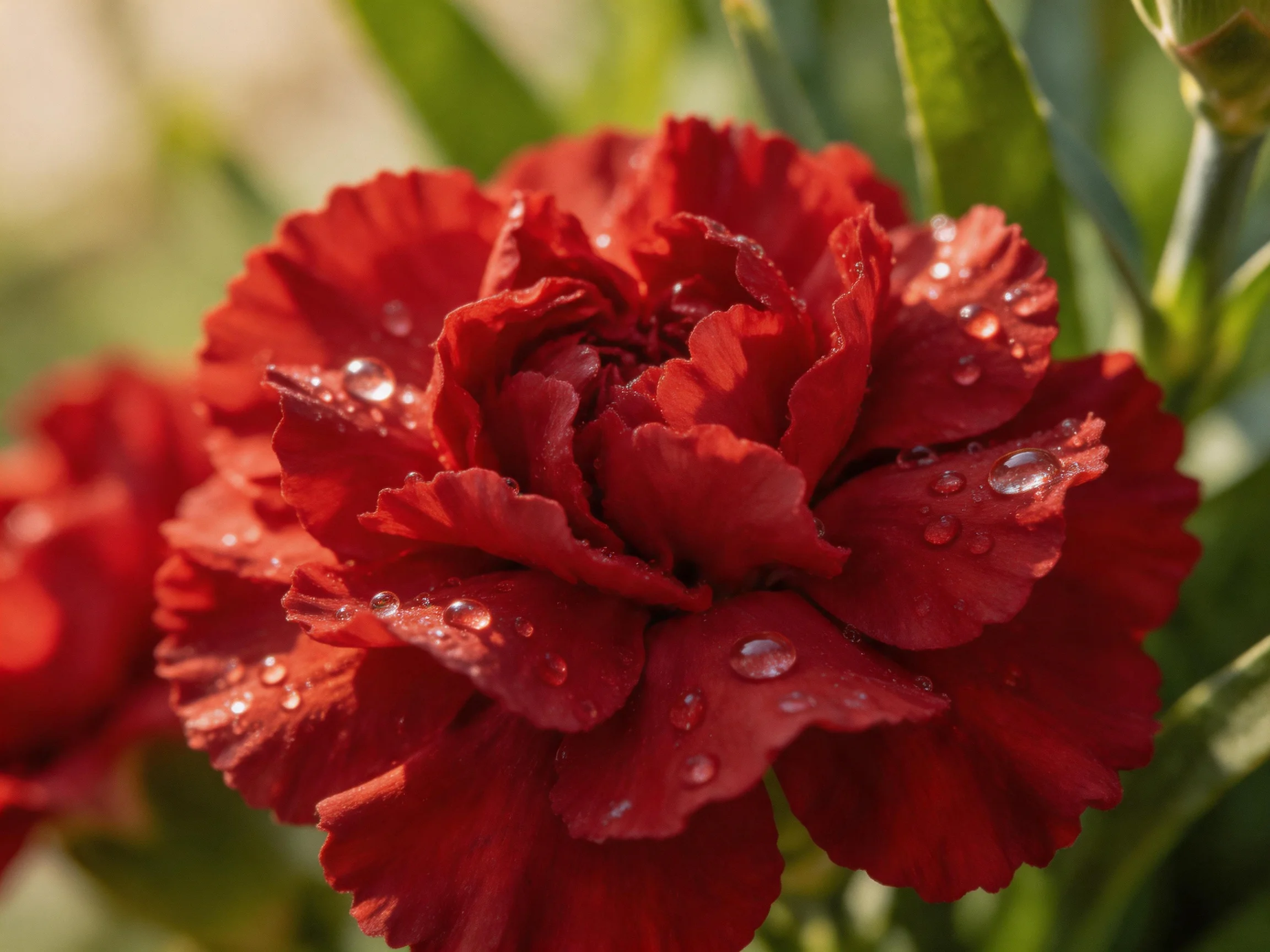 Vibrant red carnation with dewdrops, surrounded by green foliage