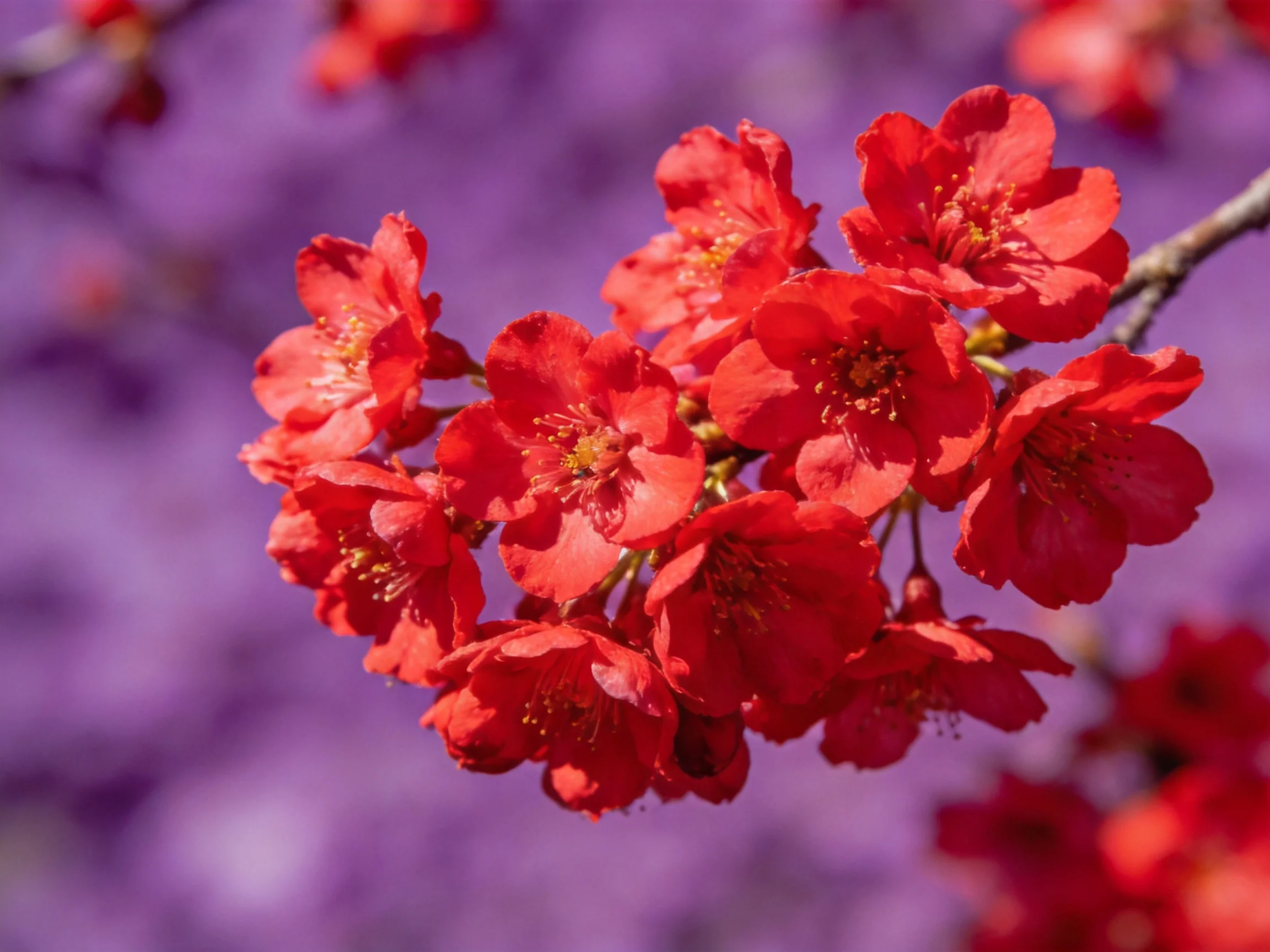 Vibrant red cherry blossoms clustered on a branch with soft purple backdrop