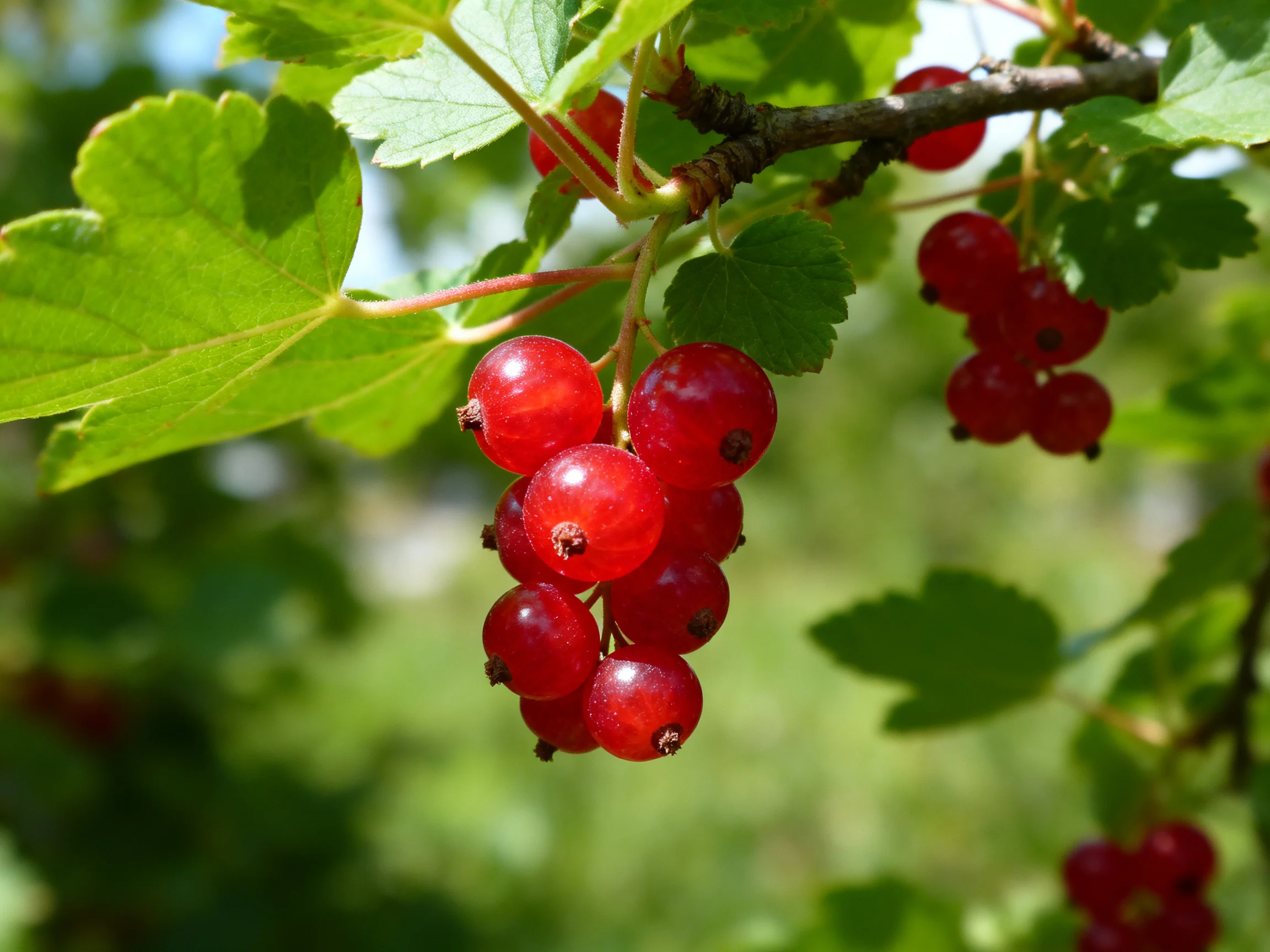 Vibrant red currants clustered among lush green foliage