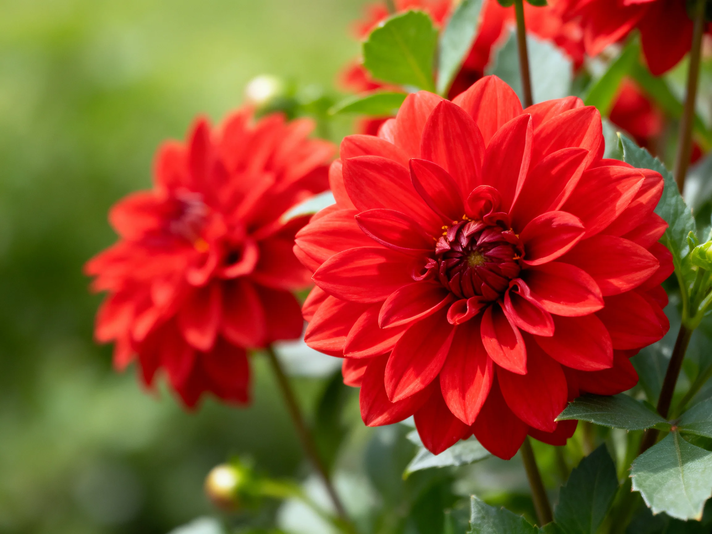 Vibrant red dahlia blooms with layered petals amidst greenery