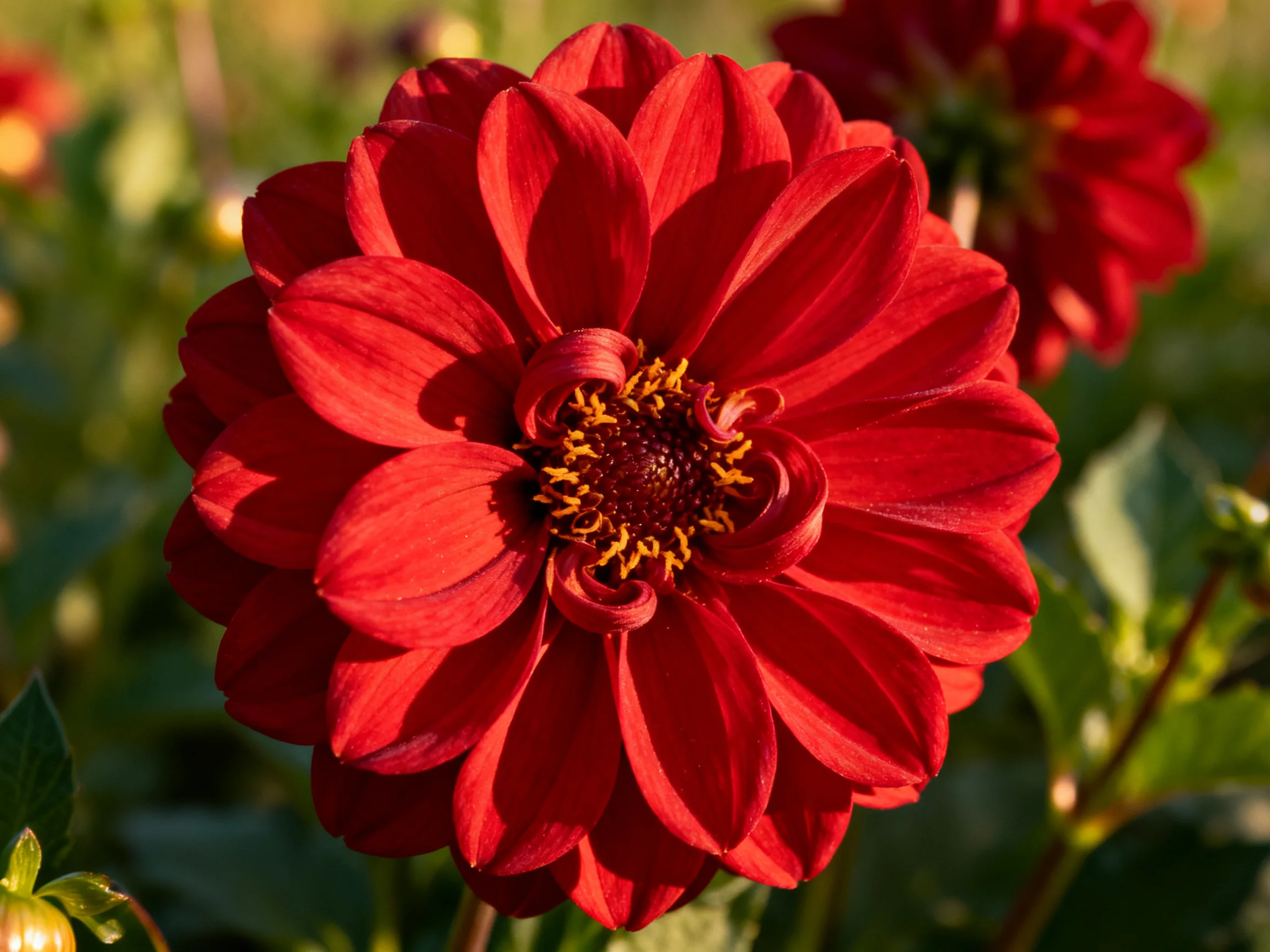Vibrant red dahlia with layered petals and golden center