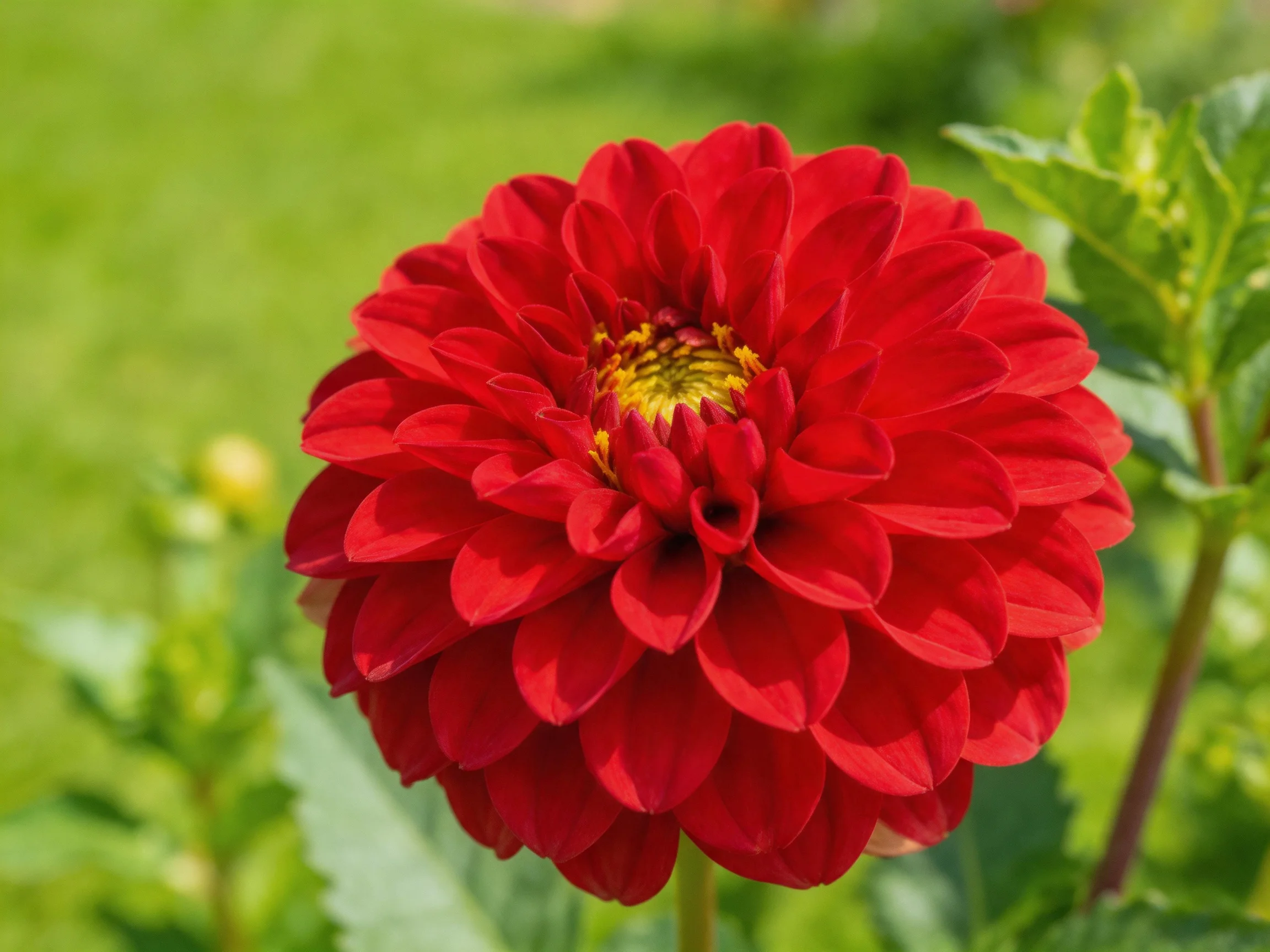 Vibrant red dahlia with layered petals in a sunny garden