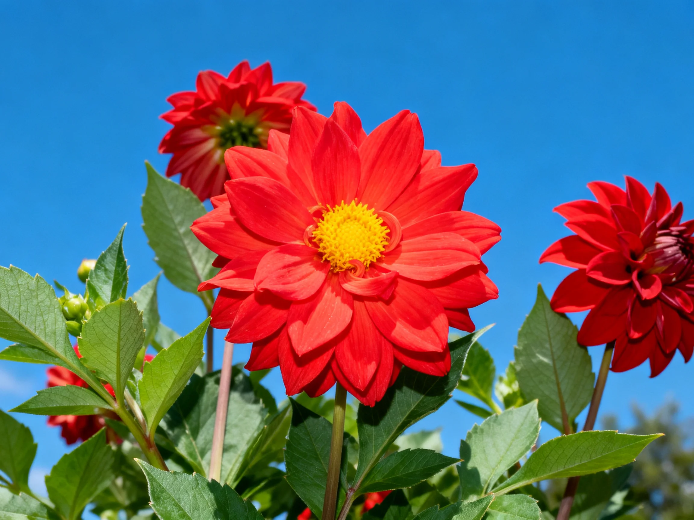 Vibrant red dahlias bloom against a clear blue sky
