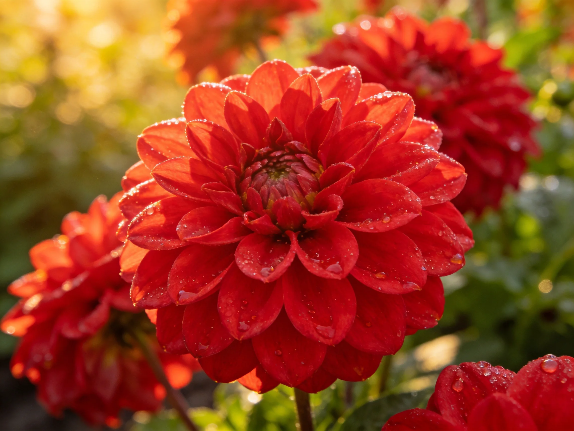 Vibrant red dahlias with dewdrops in a sunlit garden