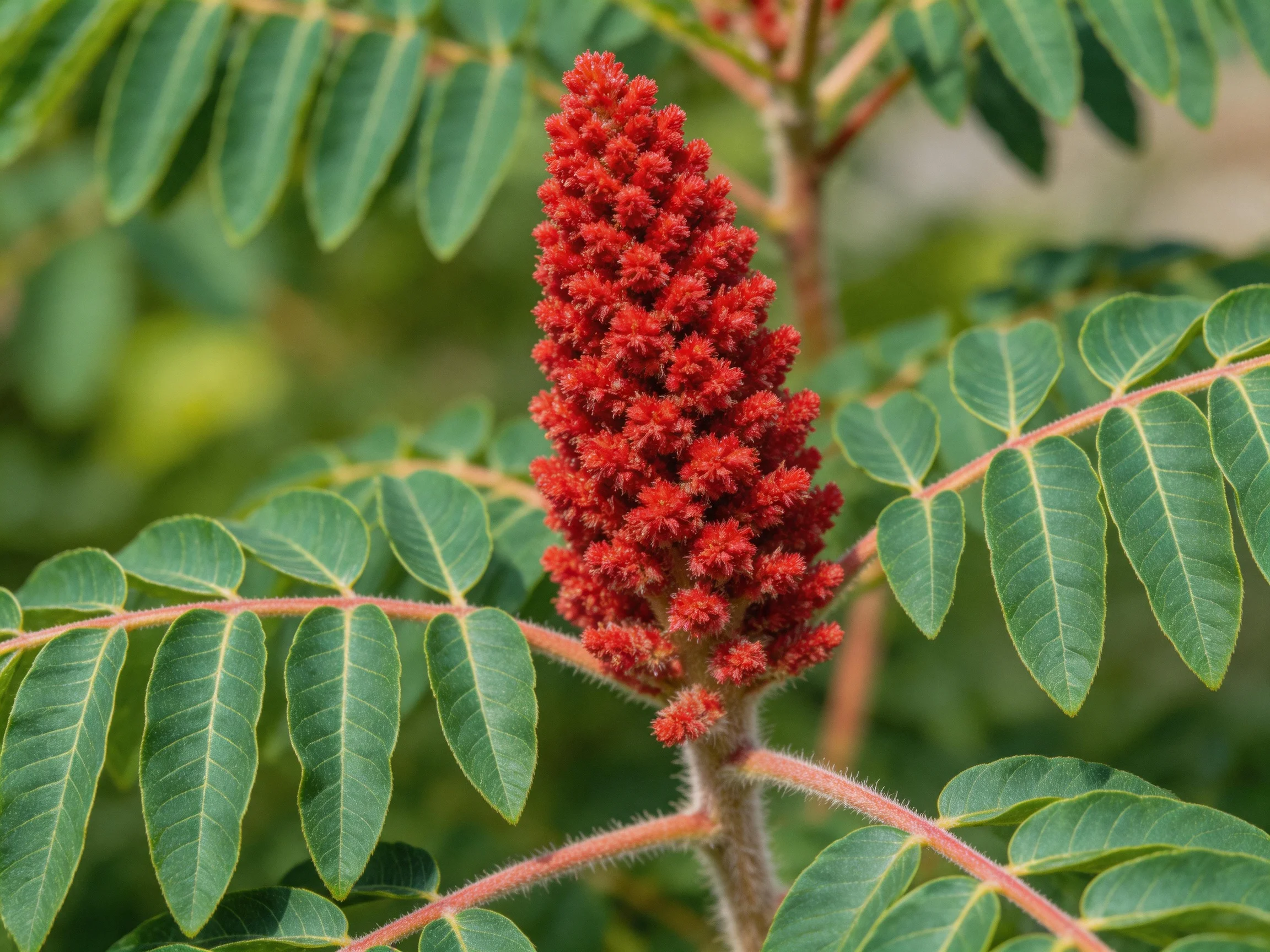 Vibrant red flower cluster amid broad green foliage