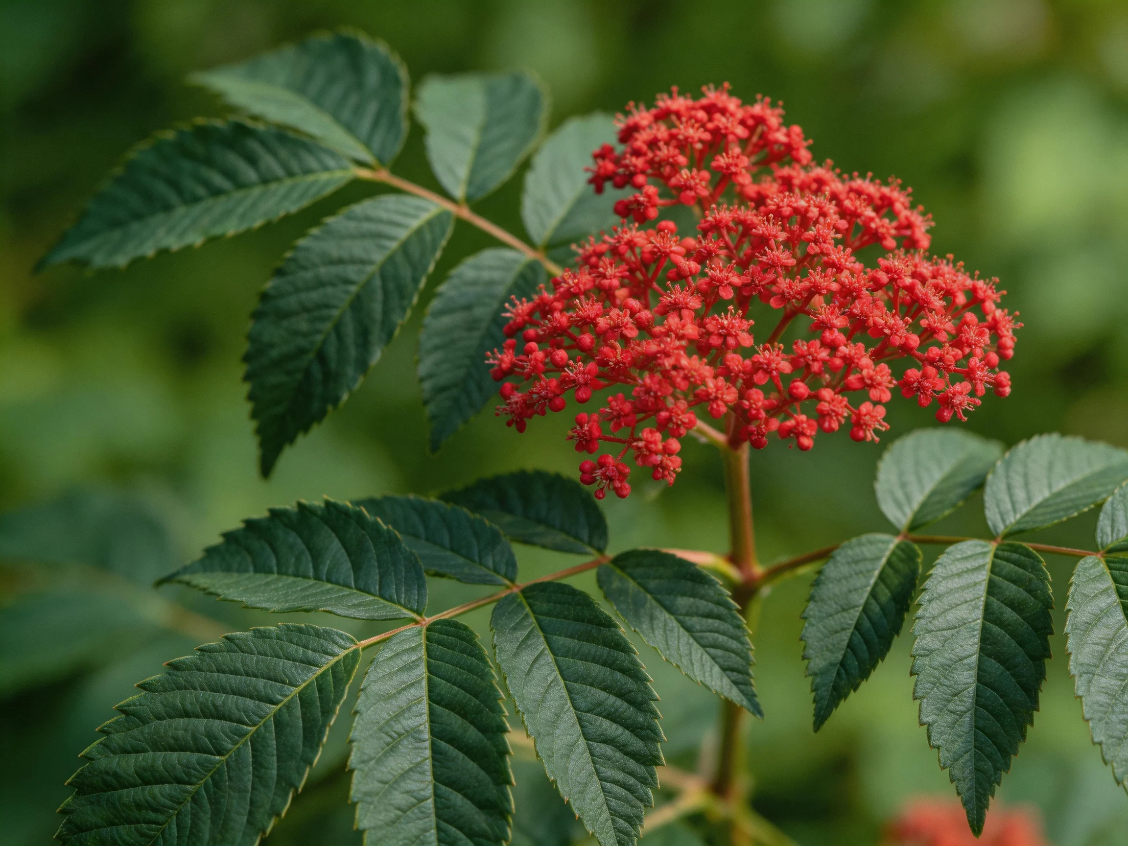 Vibrant red flower cluster amid dark green compound leaves