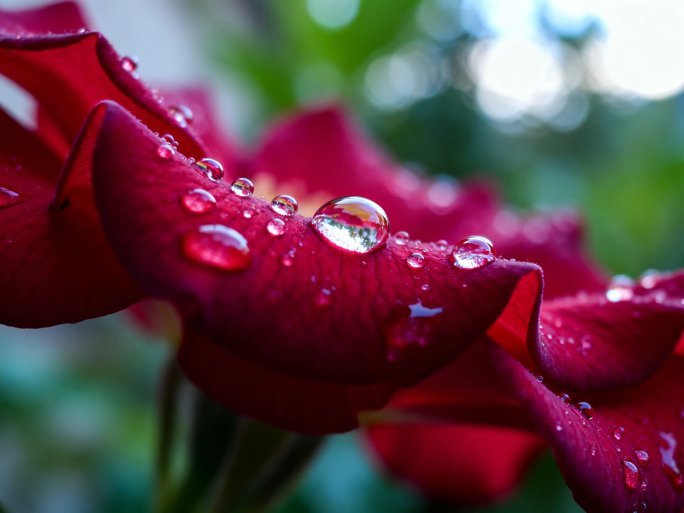 Vibrant red flower petals dotted with glistening water droplets