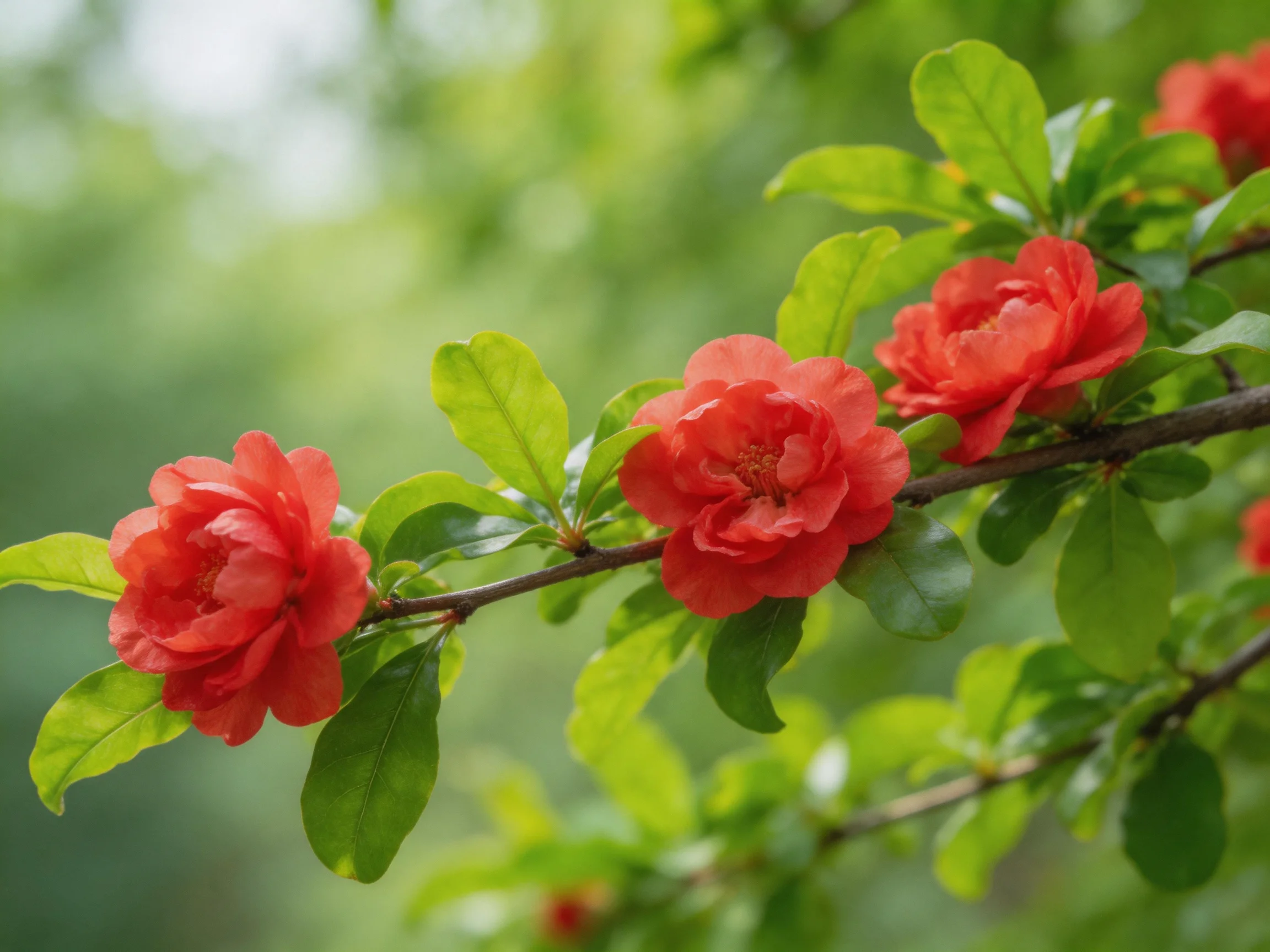 Vibrant red flowers bloom along a branch with glossy green leaves