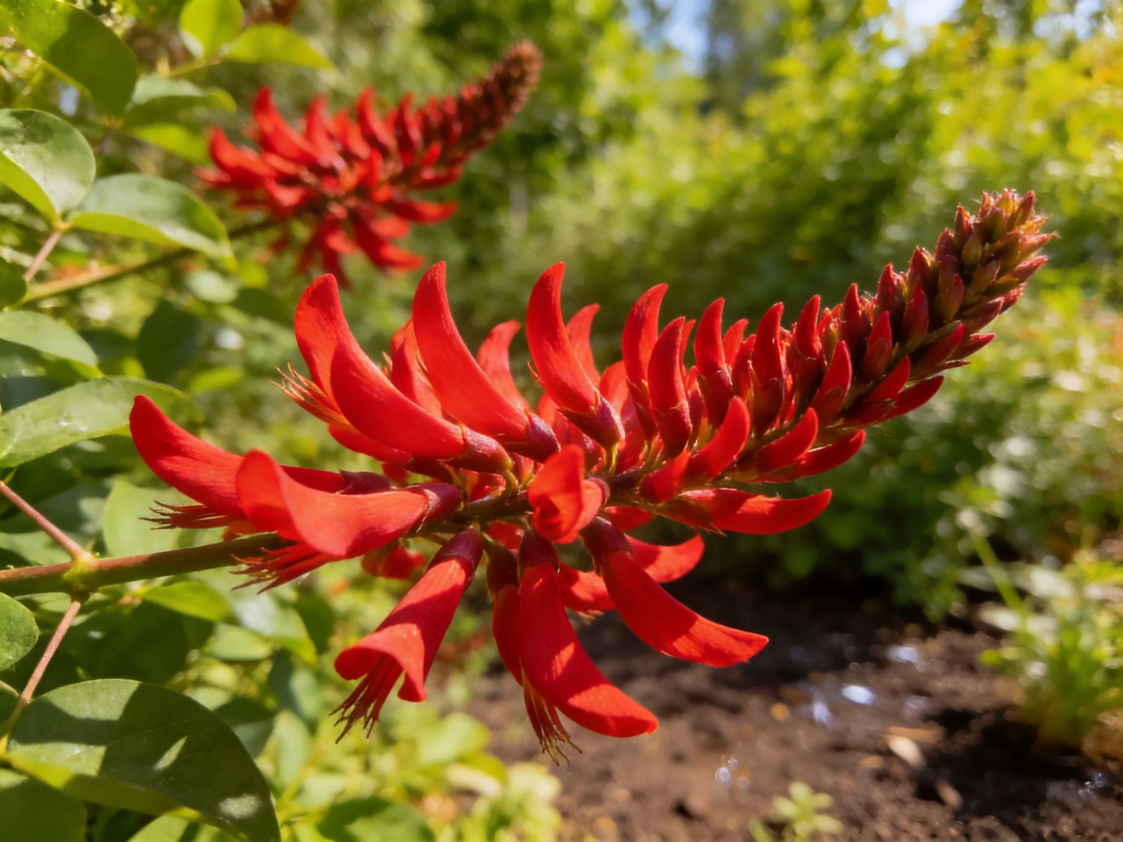 Vibrant red flowers bloom among lush green foliage