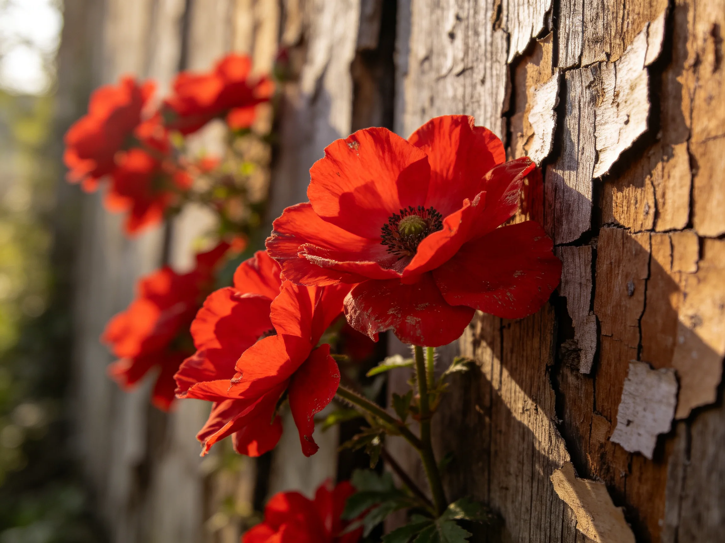 Vibrant red flowers bloom beside a cracked wooden wall